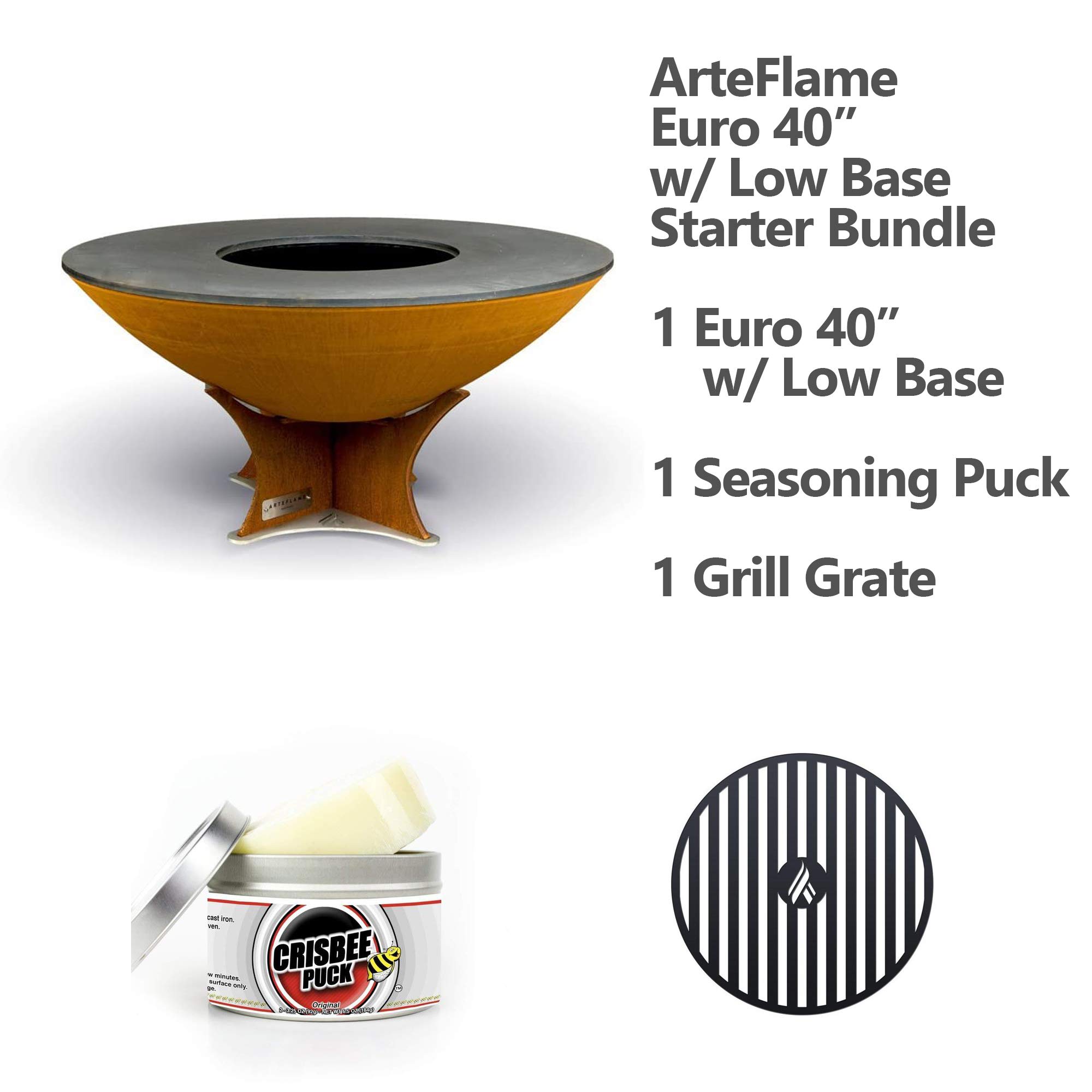ARTEFLAMECharcoal BBQ Grill, Griddle, and Fire Pit Bundle | Gourmet Outdoor Cooking Essentials | Steakhouse Searing Set (40" Low Euro Base with 2 Grilling Accessories) MADE IN USA