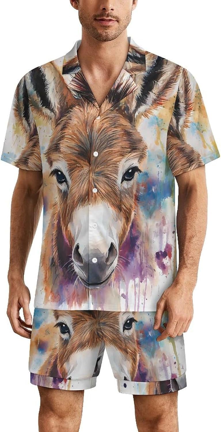 Watercolor Donkey Men's Short Sleeve Pajama Set Satin Silk Like Lounge Sleepwear