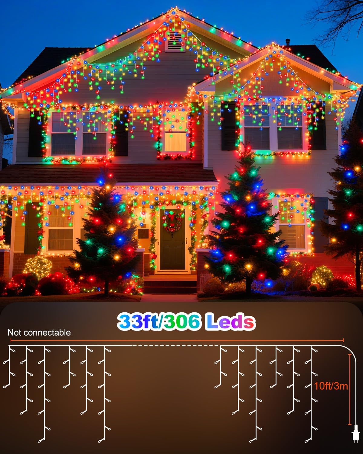 Christmas Ice Lights Outdoor, Multicolor 33FT 306 LED 8 Modes Plug in Xmas Tree Decorations Twinkle Fairy Light String with Remote Timer Memory for Roofline Yard Party Wedding Camping Decor