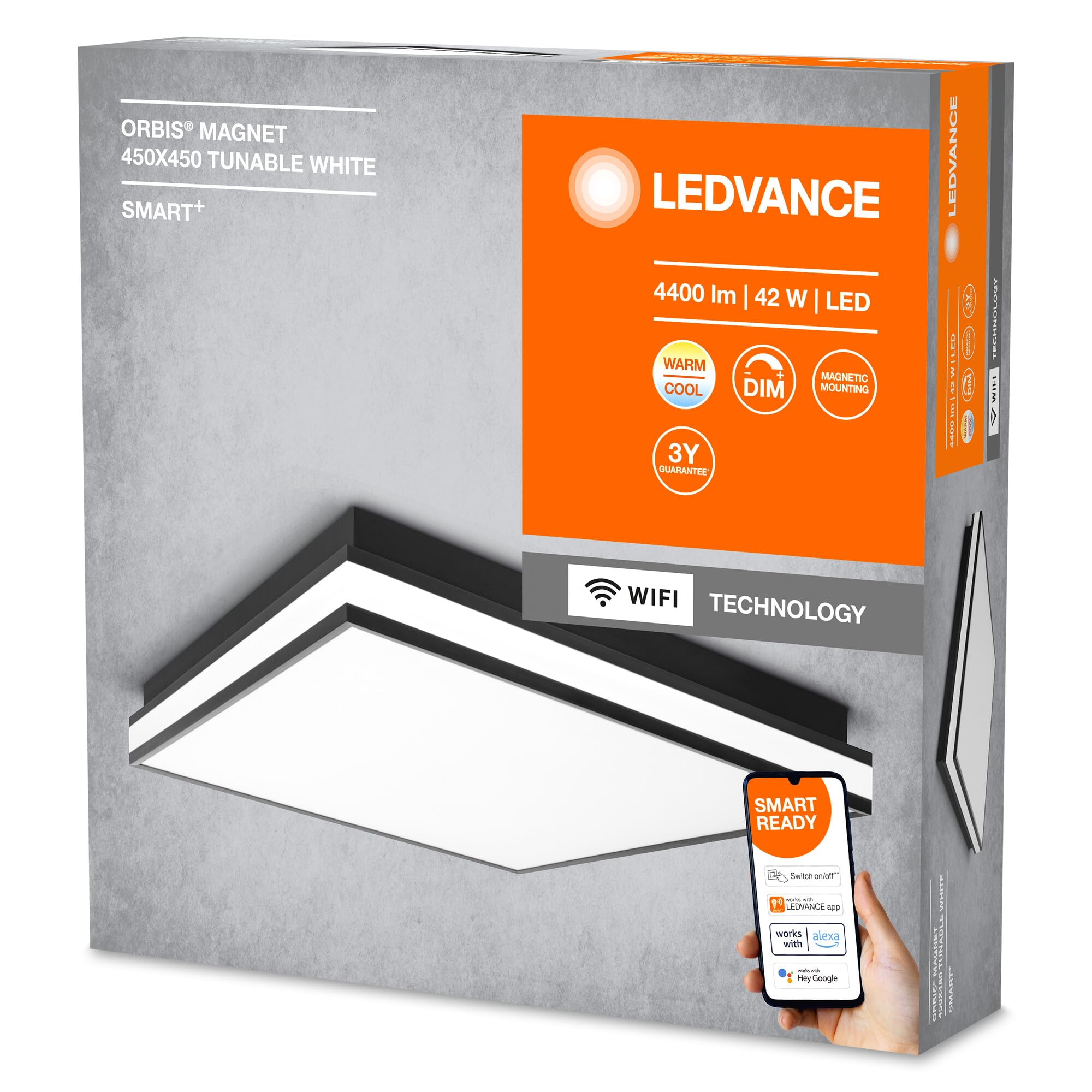 LEDVANCE ORBIS MAGNET SMART+ Wi-Fi 45x45cm, dimmbare LED Deckenleuchte für den Innenbereich, 42W, Farbtemperatur 3000-6500K, 4200 Lumen, Design-Lampe mit innovativem Magnetrahmen, schwarz