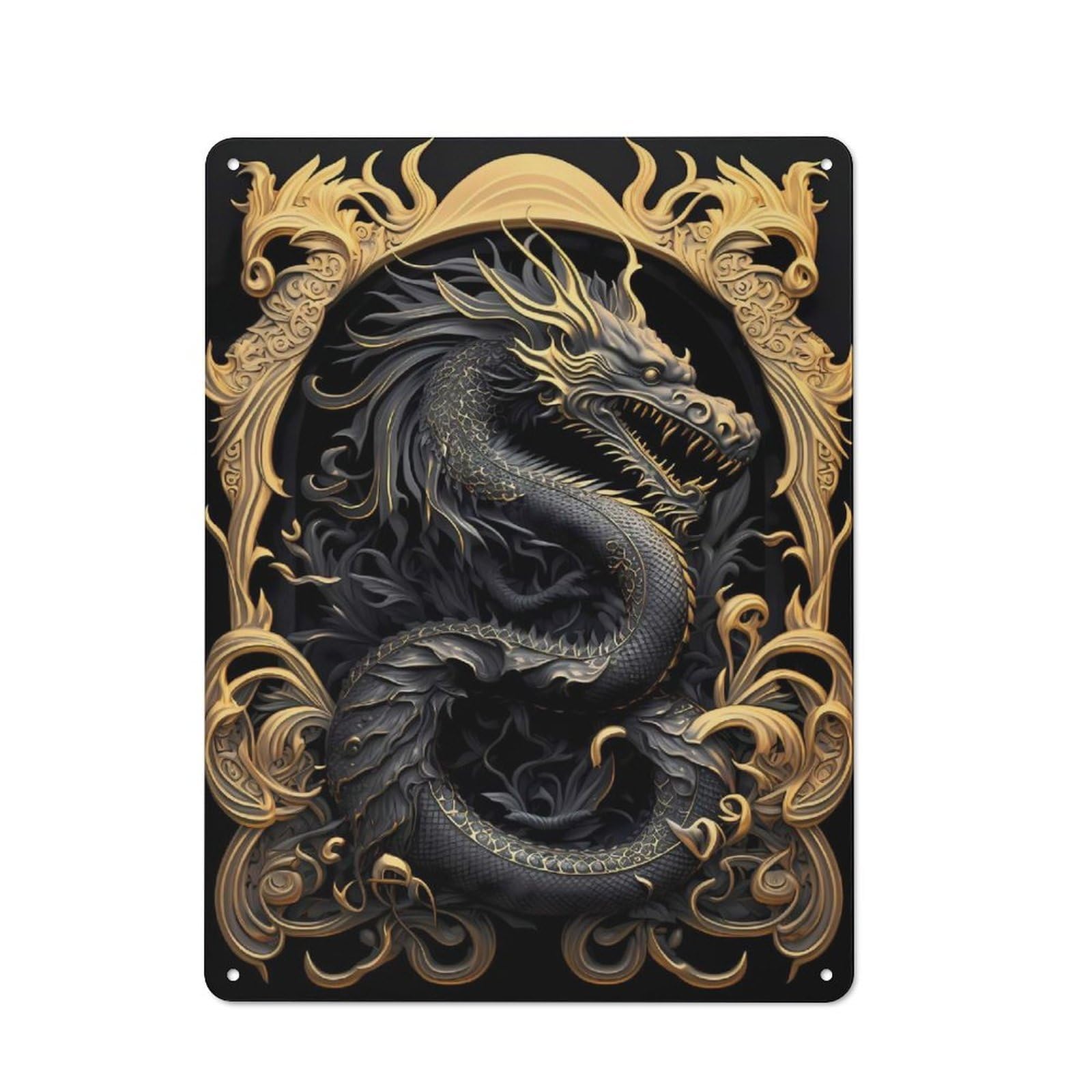 Junmoney Style-19 Metal Wall Sign 40X30cm Featuring Golden Dragon Lord Art For Hallway Wall, For Hallway Decor Lovers, For Retro Home Interiors