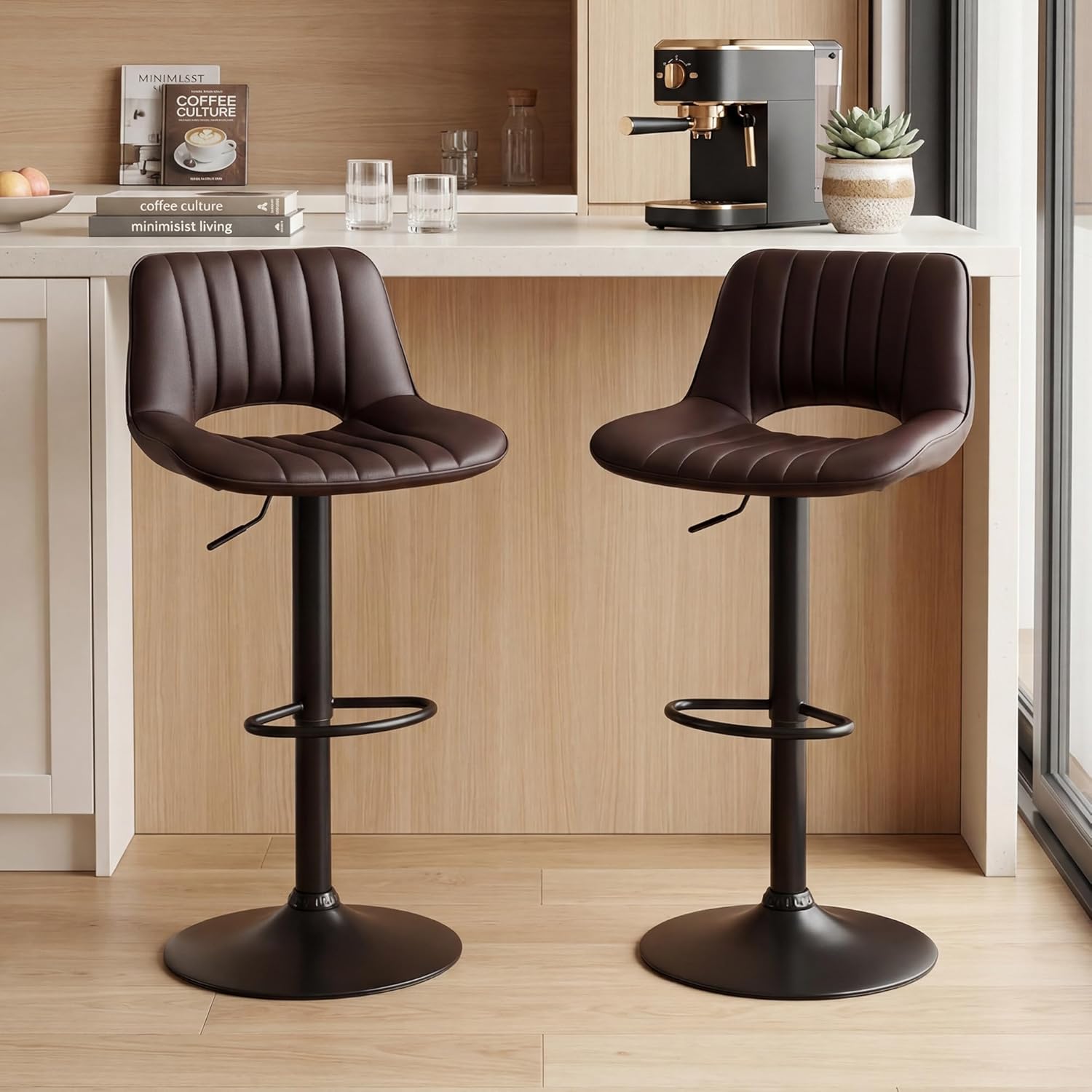 LSSBOUGHT Swivel Bar Stools Set of 2, Adjustable Modern Counter Stools with Open Back, Faux Leather Island Bar Chairs with Gas Lift for Kitchen & Home Bar,Brown