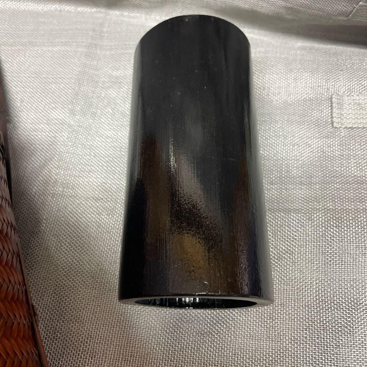 六角形 花籠 竹製 網代編み おとし銅製 花入れ 竹籠 茶道具 持ち