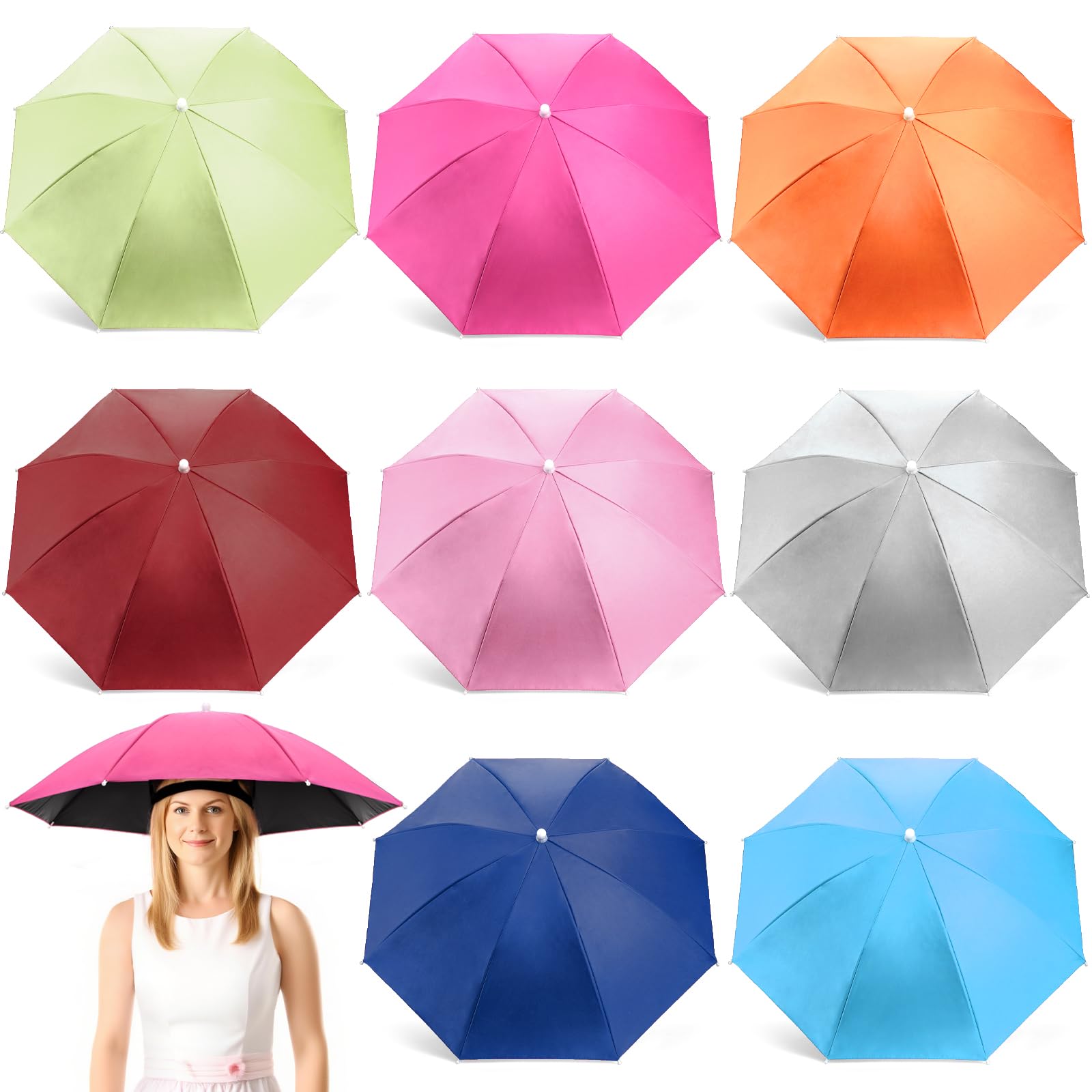 Covzoe 8 Pack Umbrella Hats, 27 Inch Hands Free Head Umbrella Foldable