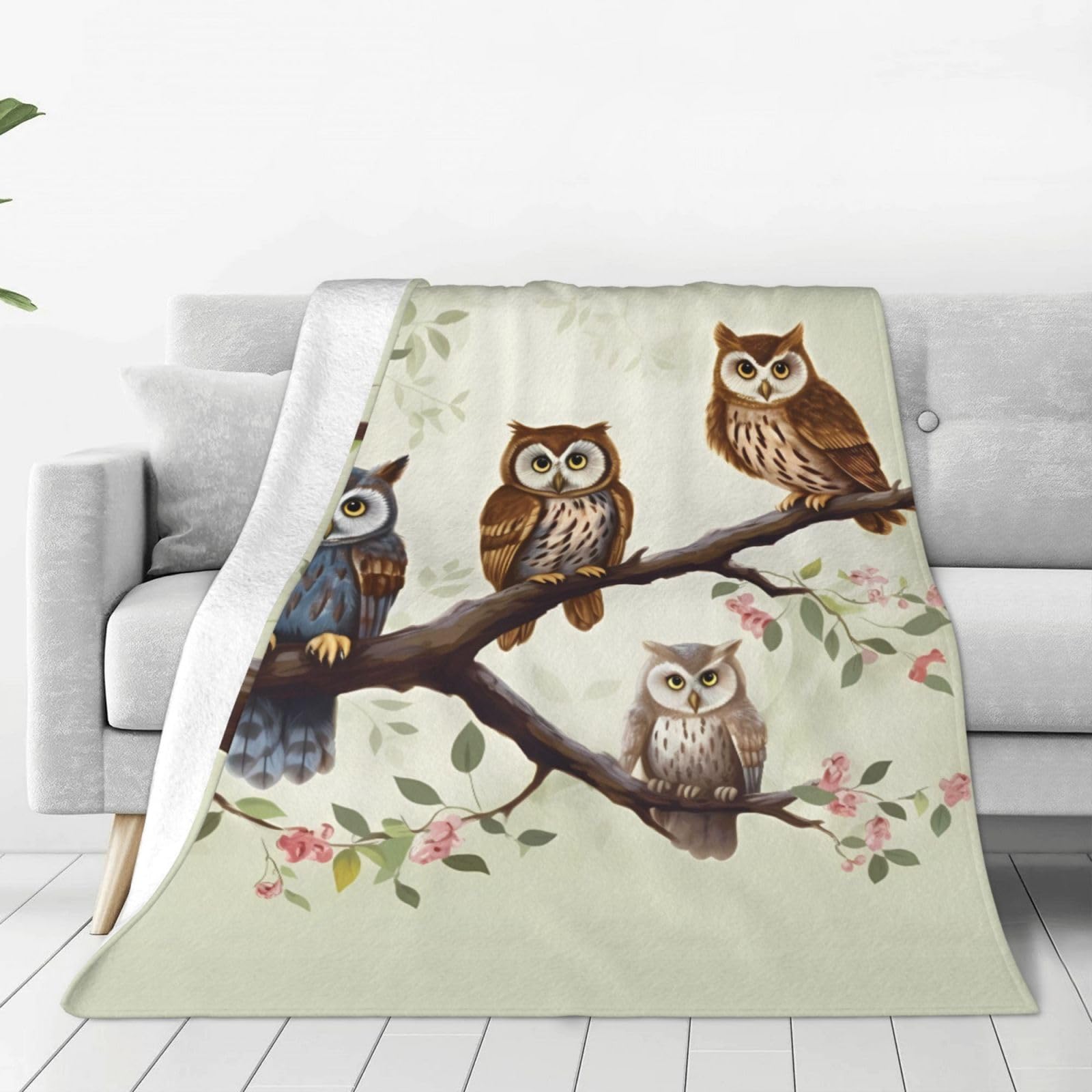 KLOPH Owls on a Branch Throw Blanket 40"x30" Flannel Fluffy Warm Blanket for Couch, Reversible Plush Blankets for Bed, Comfy Fuzzy Blanket for Sofa, Plush Lightweight-Blankets for All Season