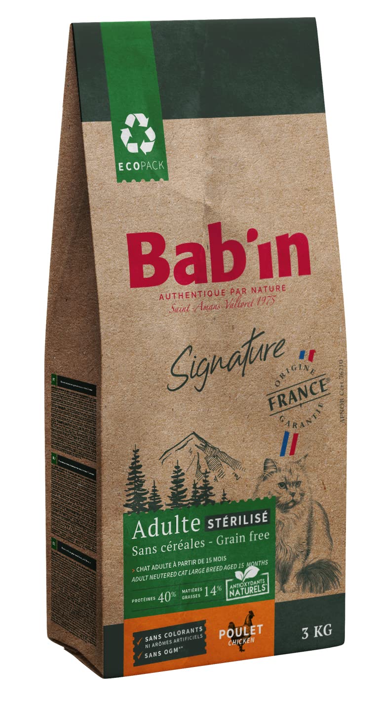 Bab'in Signature Chat Adulte Stérilisé sans Céréales 3KG - Croquettes Premium pour Chats Adultes - Adaptées aux Allergies et Sensibilités Alimentaires- sans Céréales et sans Gluten - Riche en Poulet