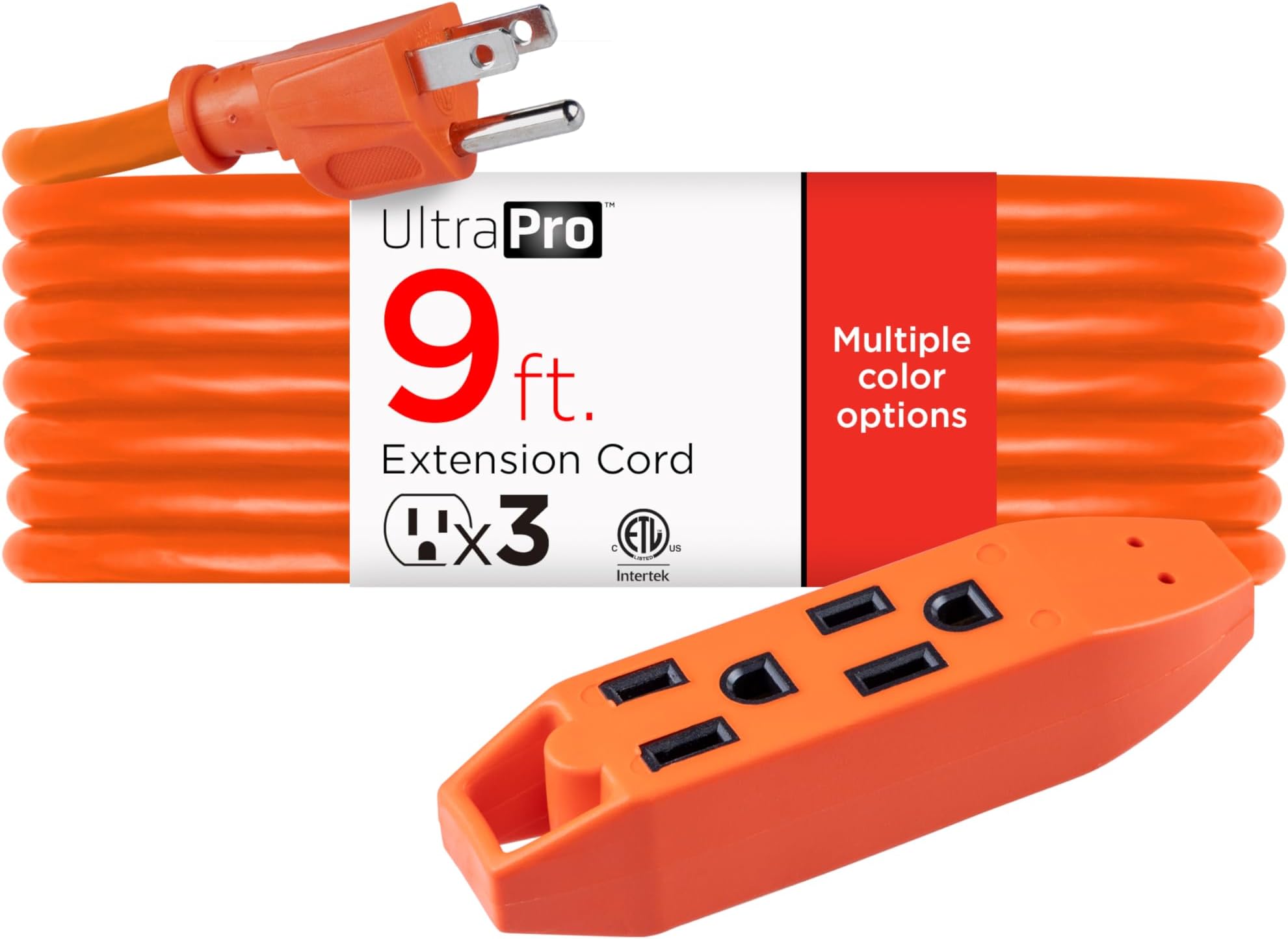 9 Ft Outdoor Extension Cord 3 Outlet Power Strip Short Extension Cord with Multiple Outlets Grounded Heavy Duty Power Cord 16 Gauge ETL Listed Orange 51927