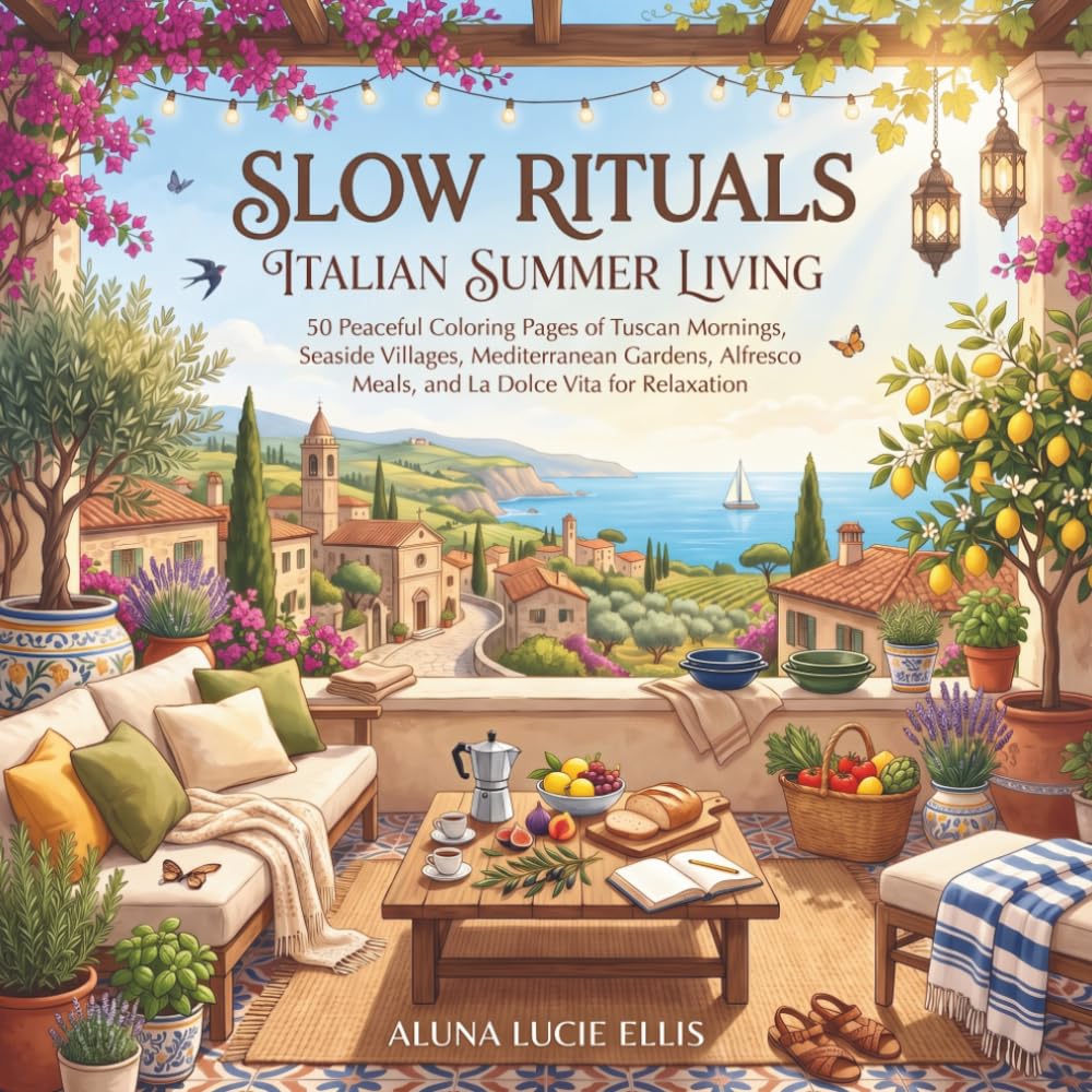 Slow Rituals: Italian Summer Living: 50 Peaceful Coloring Pages of Tuscan Mornings, Seaside Villages, Mediterranean Gardens, Alfresco Meals, and La Dolce Vita for Relaxation