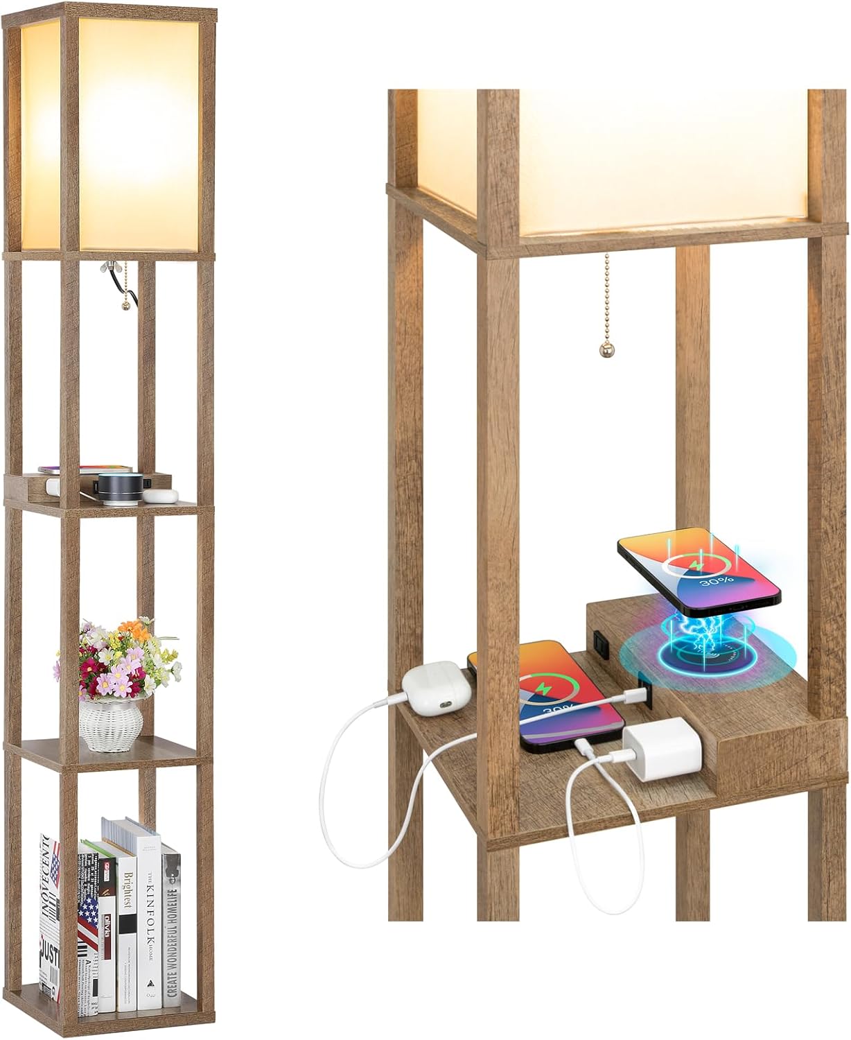 Mlambert Modern Shelf Floor Lamp with Wireless Charger & Fast Charging USB Port Type C 2 Power Outlets,3 Tier Storage Display Standing Narrow Corner Light for Bedroom Living Room(Wood)