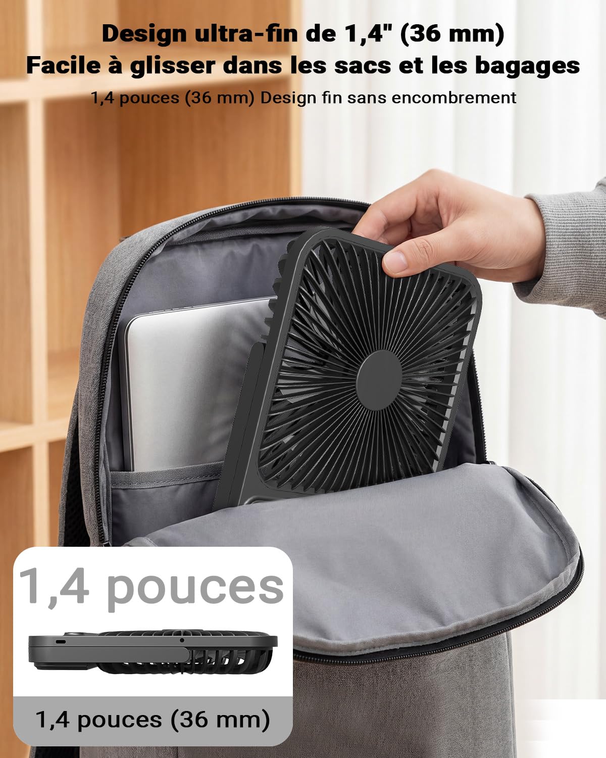Ventilateur Portable de Voyage 7 Pouces avec Lumière, jusqu’à 28H d’Autonomie, Ultra Fin 1,4 Pouce, Minuterie 8H, Silencieux 42 dB, 4 Vitesses, Inclinaison 180°, Ventilateur de Bureau Rechargeable