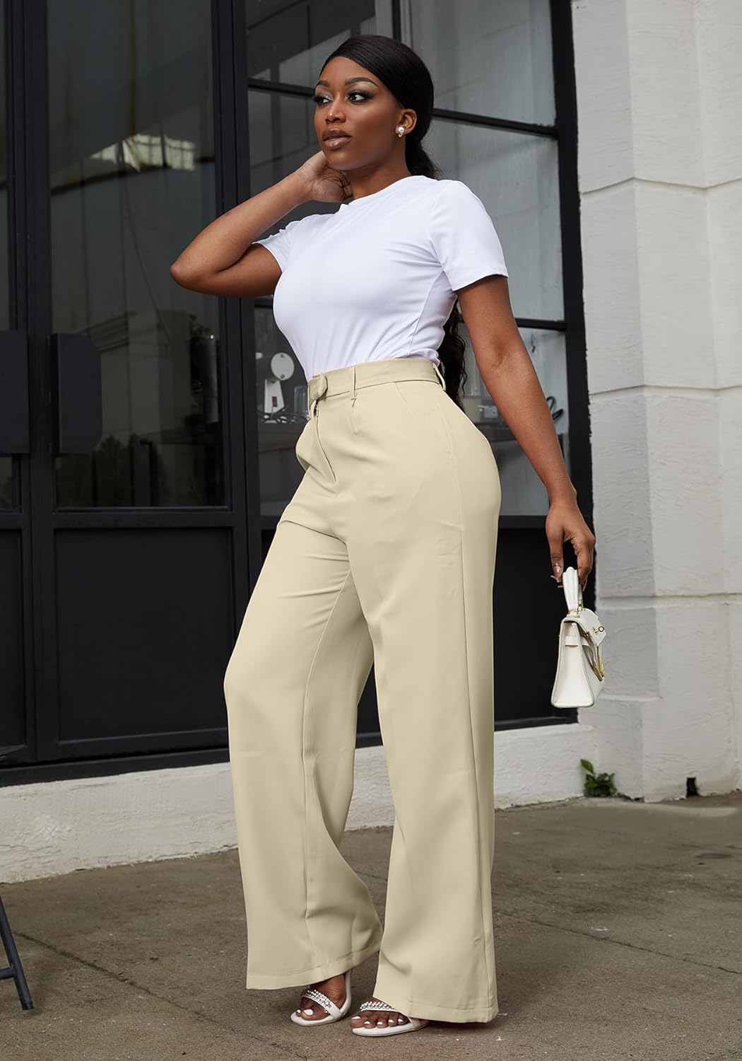 LKOUS Women's High Waisted Straight Wide Leg Dress Pants Stretchy Work Trousers with Pockets Business Casual - Image 6