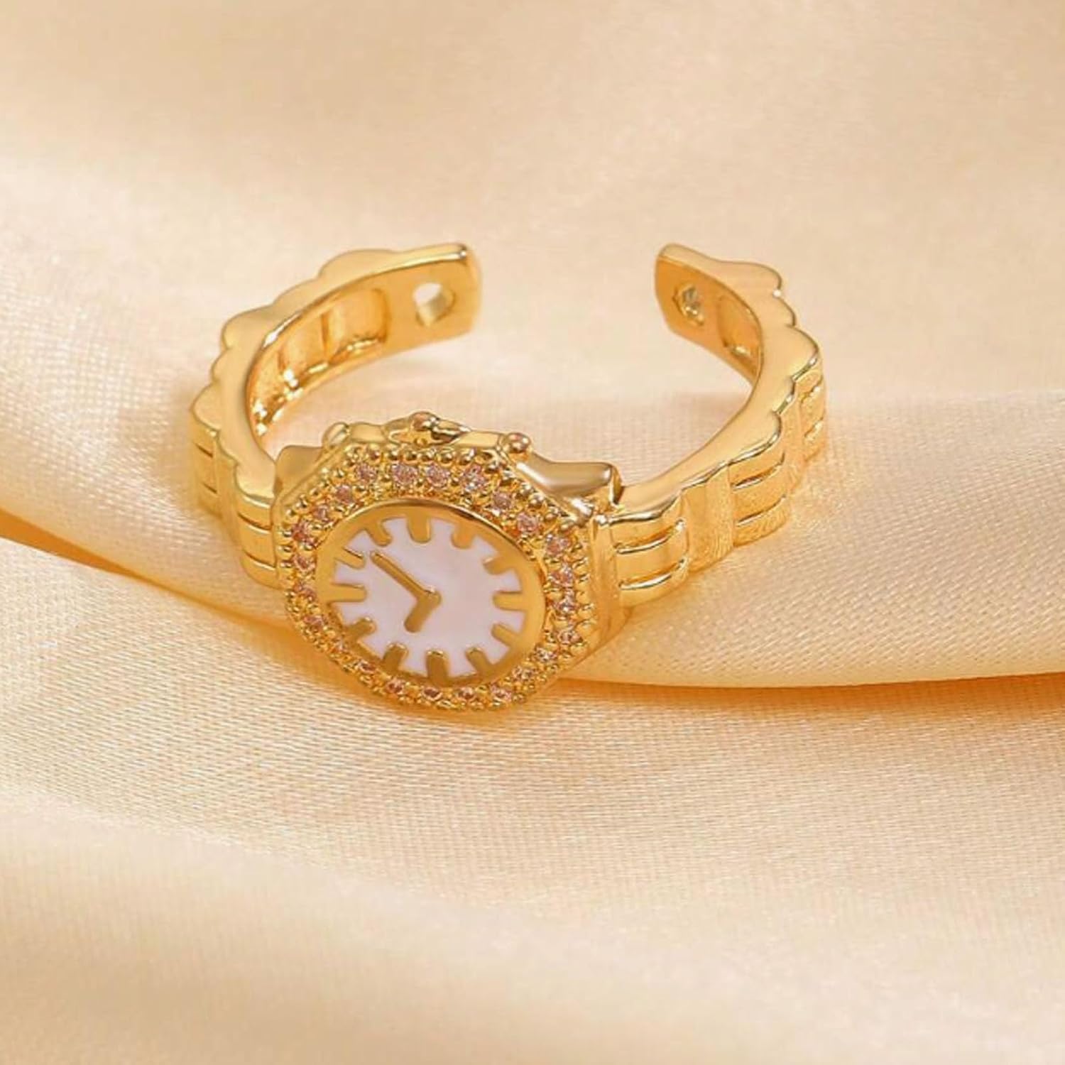 Gold Watch Ring Jewelry for Women, Resembling Luxury Diamond Watch Rhinestone Bezel Finger Accessory, Non Functional Decorative Mini Ring Aesthetic