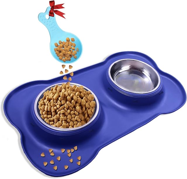 Shipperfy 400ml Stainless Steel Dog Bowls with Slip Resistant Silicone Puppy Bowls - 2 in 1 Non Spill Dog Water Bowl and Dog Food Bowl , No Tumble & Mess up, Navy Blue