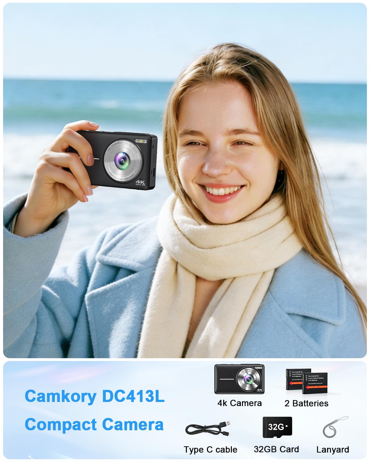 Fotocamera digitale 4K 64MP, Macchina Fotografica Digitale doppia fotocamera con autofocus, flash, zoom 16X, scheda da 32 GB, fotocamera per bambini, adolescenti, e principianti(nero)