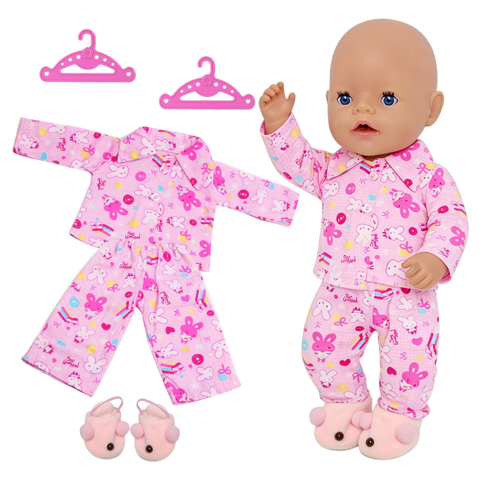 5 Pcs Doll Clothes Pajamas Set for 12-17 Inch Dolls Clothes Bunny Top Pants Pink Hangers and 1 Pair Bunny Shoes, Cute Baby Doll Outfits for 35-43cm Doll Girls Boys Gift