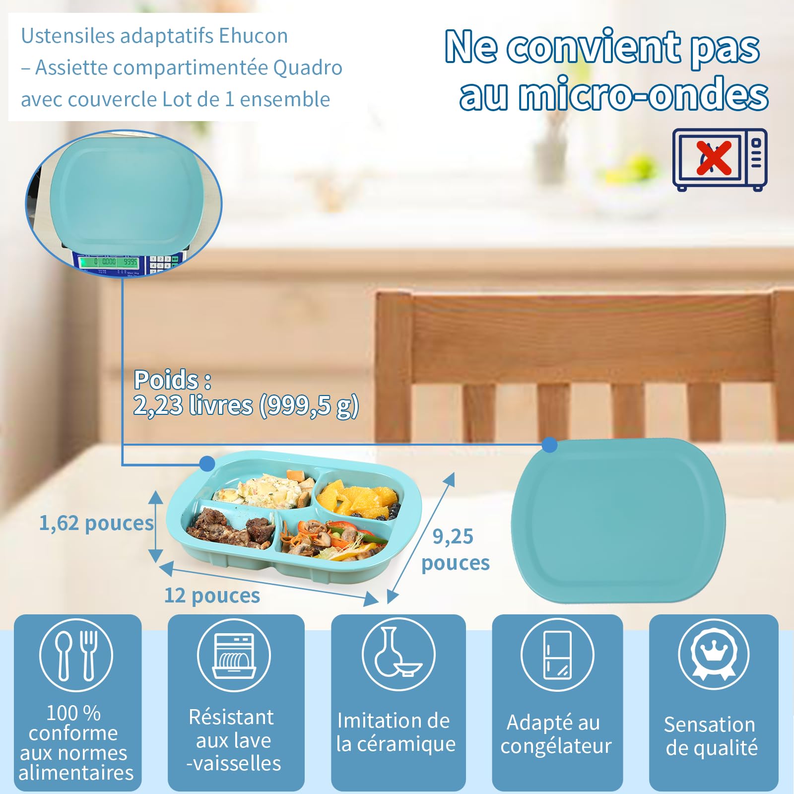 Platos Adaptables De Melamina Con Borde Inclinado Y Antideslizante Con Pared Elevada Para Personas Mayores, Discapacitados, Artríticas De Comer Solo (Cavidades Quadro con tapa)