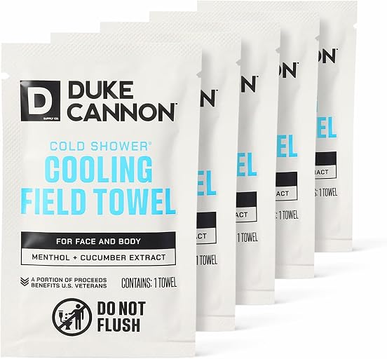 Duke Cannon Cold Shower Cooling Field Towels, 15 Count, 1 Box | Menthol, aloe and jojoba provide instant cooling and cleansing with 15 individually wrapped towels in a resealable pouch.