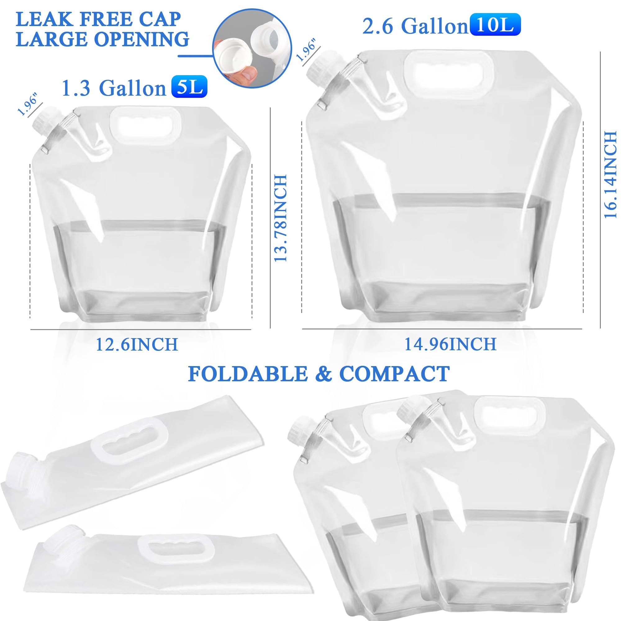 4 Pack Collapsible Water Jugs, 1.3/2.6 Gallon - BPA Free Clear Plastic Water Bag with Handle for Camping, Emergency, Hiking - Leakproof Freezable Collapsible Water Container Bags(4 x 5L)