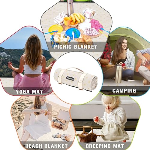 Vista 37 de Mantas de pícnic impermeables extragrandes y portátiles – Manta de playa plegable con correa de transporte Manta de parque para césped, Flor blanca