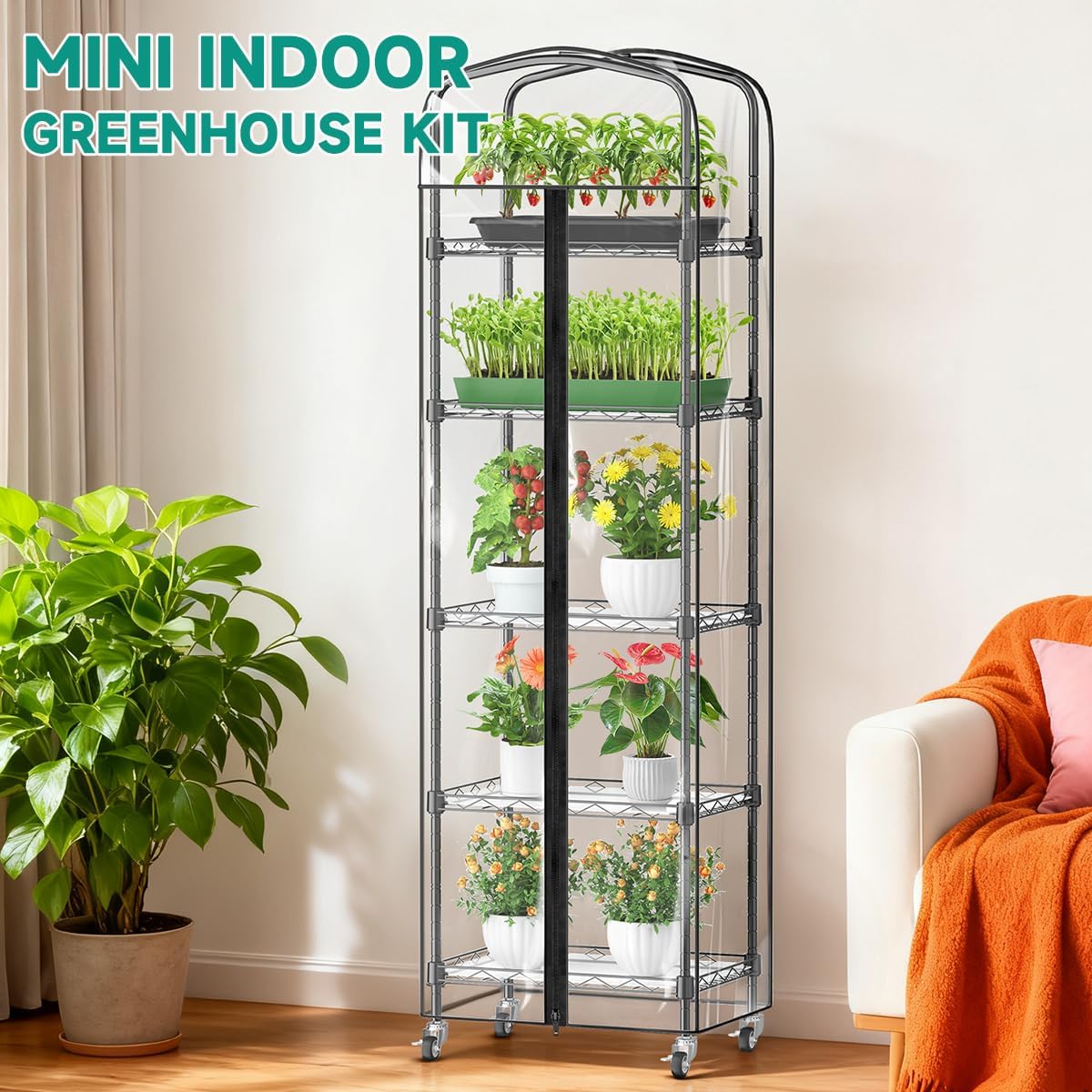5-Tier Mini Greenhouse with Shelves – Compact Rolling Plant Stand Indoor with Lockable Wheels, PVC Cover & Adjustable Metal Frame – Tiered Plant Shelf for Indoor Gardening, 16"x11"x57"