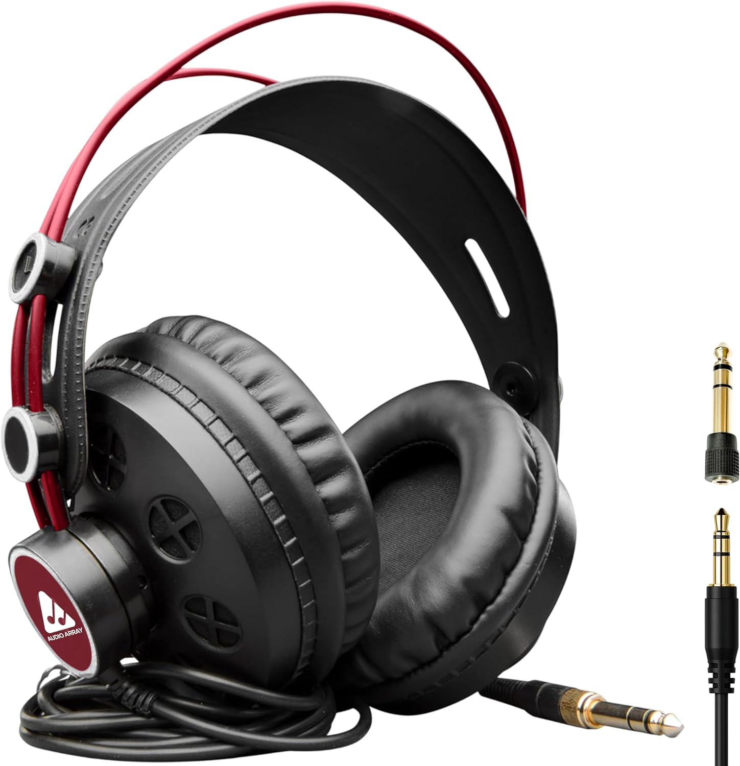 Audio Array AH-60-RD DJ Headphones Half Open Back 50mm XXL Driver Deliver Dynamically Balanced Output 15Hz - 25kHz 1200mW 3m Single Sided OFC Cable with Screwable 3.5mm+6.3