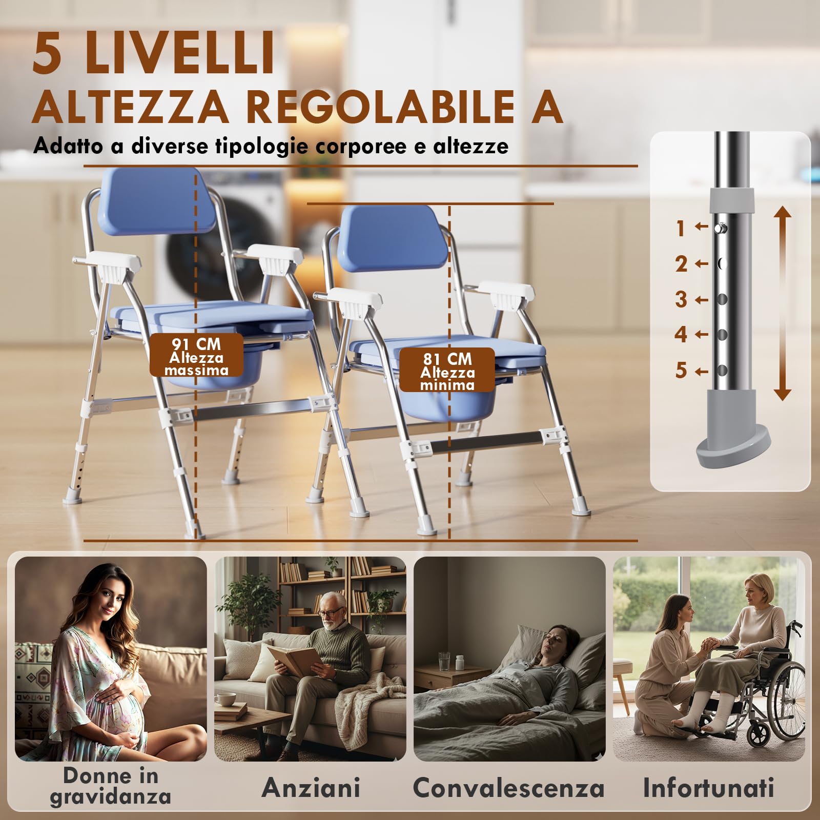 Sedia WC 4 in 1 per anziani: schienale ergonomico girevole regolabile in altezza, sedia da doccia pieghevole con cuscino in EVA, telaio stabile in acciaio inox