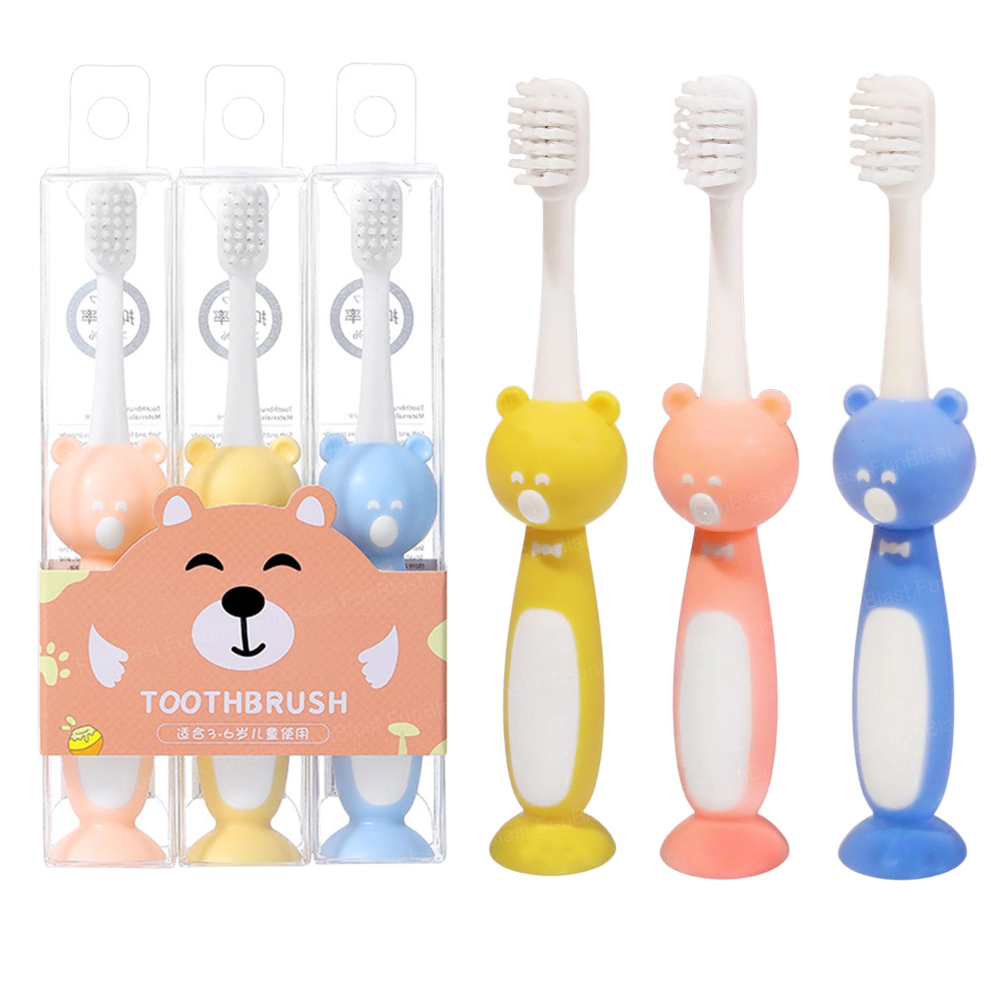FunBlast Kids Toothbrush Cute Tooth Brush, Pack of 3 Pcs, PBT Soft Bristles Toothbrush For 3-6 Years Old Children, Manual Toothbrush for Kids - Multicolor (703, 3 Pc)