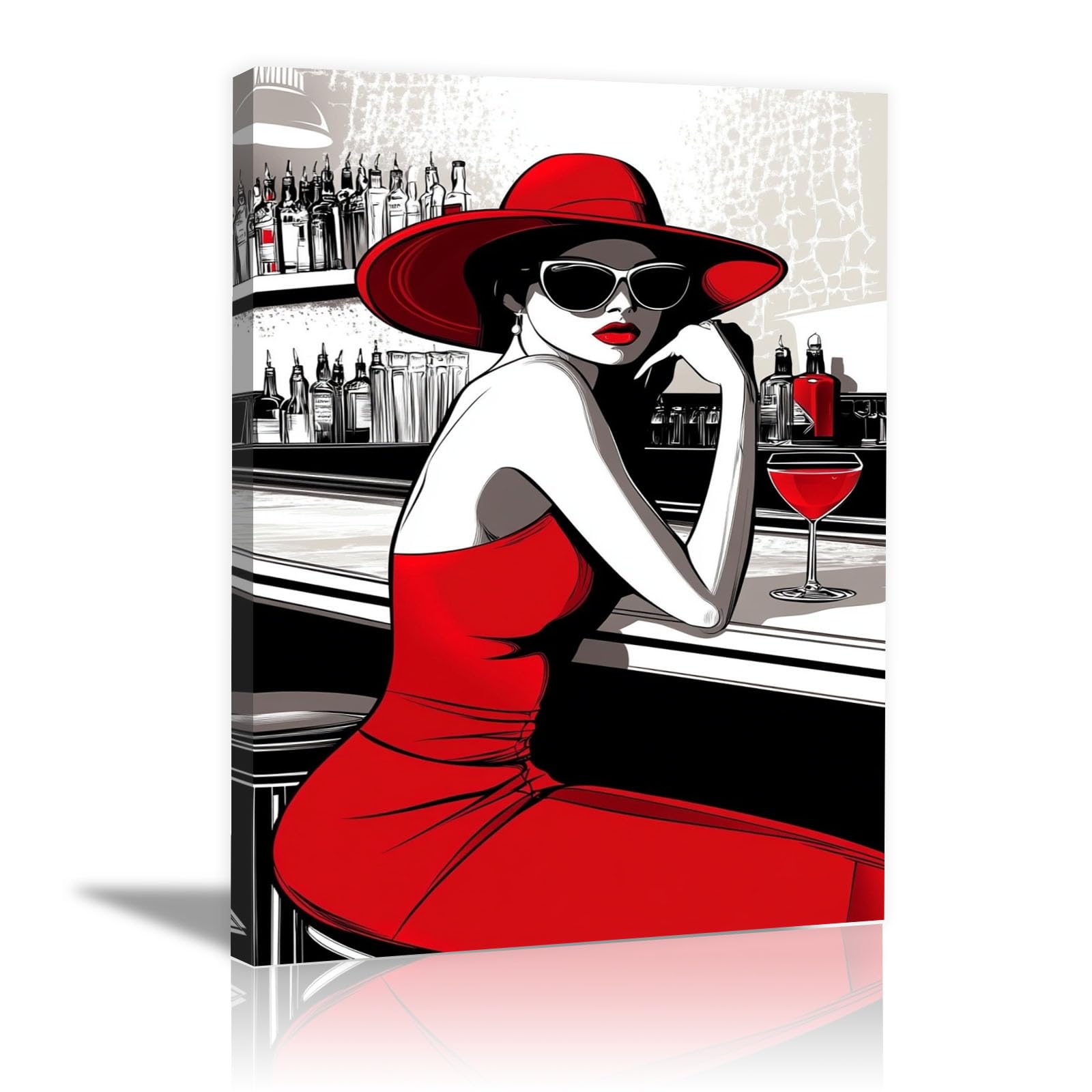 TERUEA Abstract Girl Painting Prints Woman Canvas Pictures Woman in Red Dress Bar Retro Painting Bathroom Wall Decor,(Red)-70x100cm Framed
