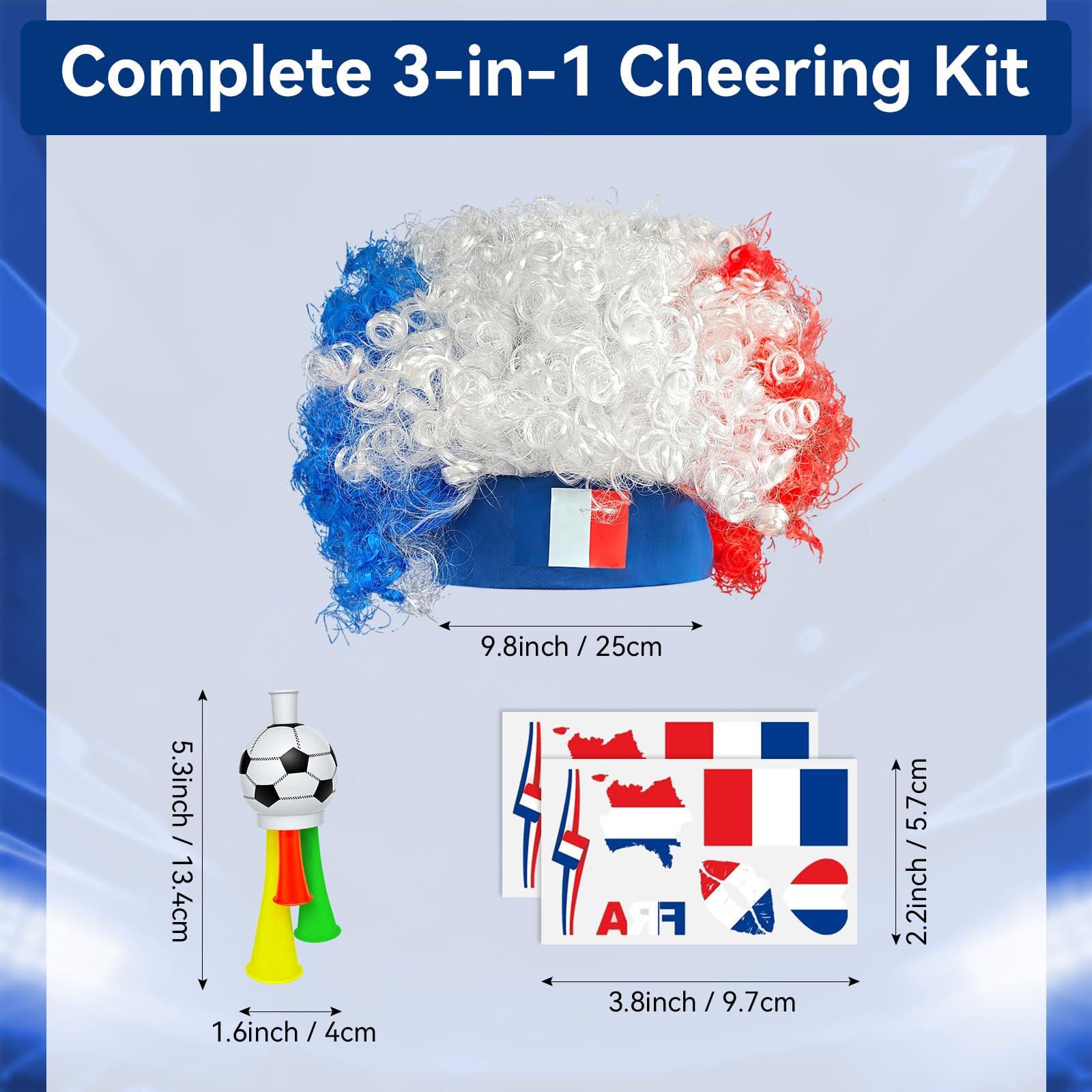 2026 Soccer Fan Gear Set – France Flag Clown Wig, Temporary Tattoos & Loud Horn – Cheer Accessories for International Football Matches, Stadium Parties & Global Tournament Celebrations — view 3