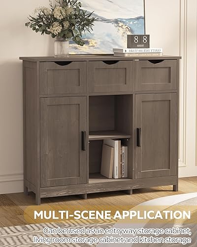 Miniatura 5 de MIRROTOWEL Gabinetes de almacenamiento, gabinete de piso de madera, con cajones y estantes, gabinetes de almacenamiento, gabinete decorativo para