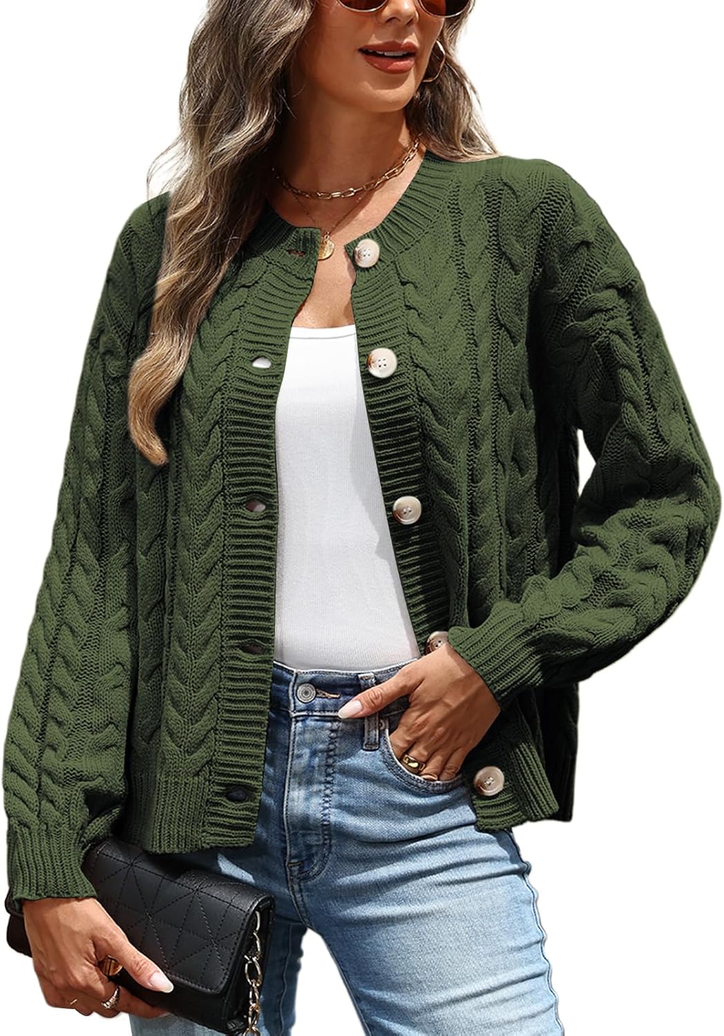 VIMPUNEC Fall Cardigan Sweaters for Women Casual Cable Knit Button Down Jackets Long Sleeve Open Front Outwear Coats
