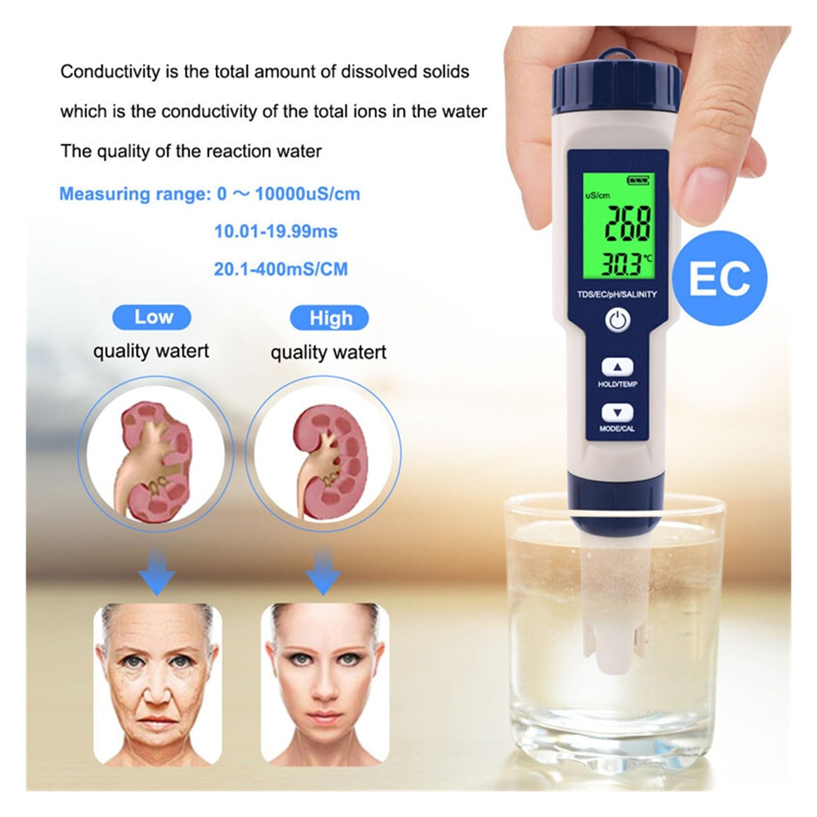 Tester di qualità dell'Acqua 5 in 1 Digitale TDS/EC/PH/Salinità/Temperatura for Piscine e acquari Uso Esterno
