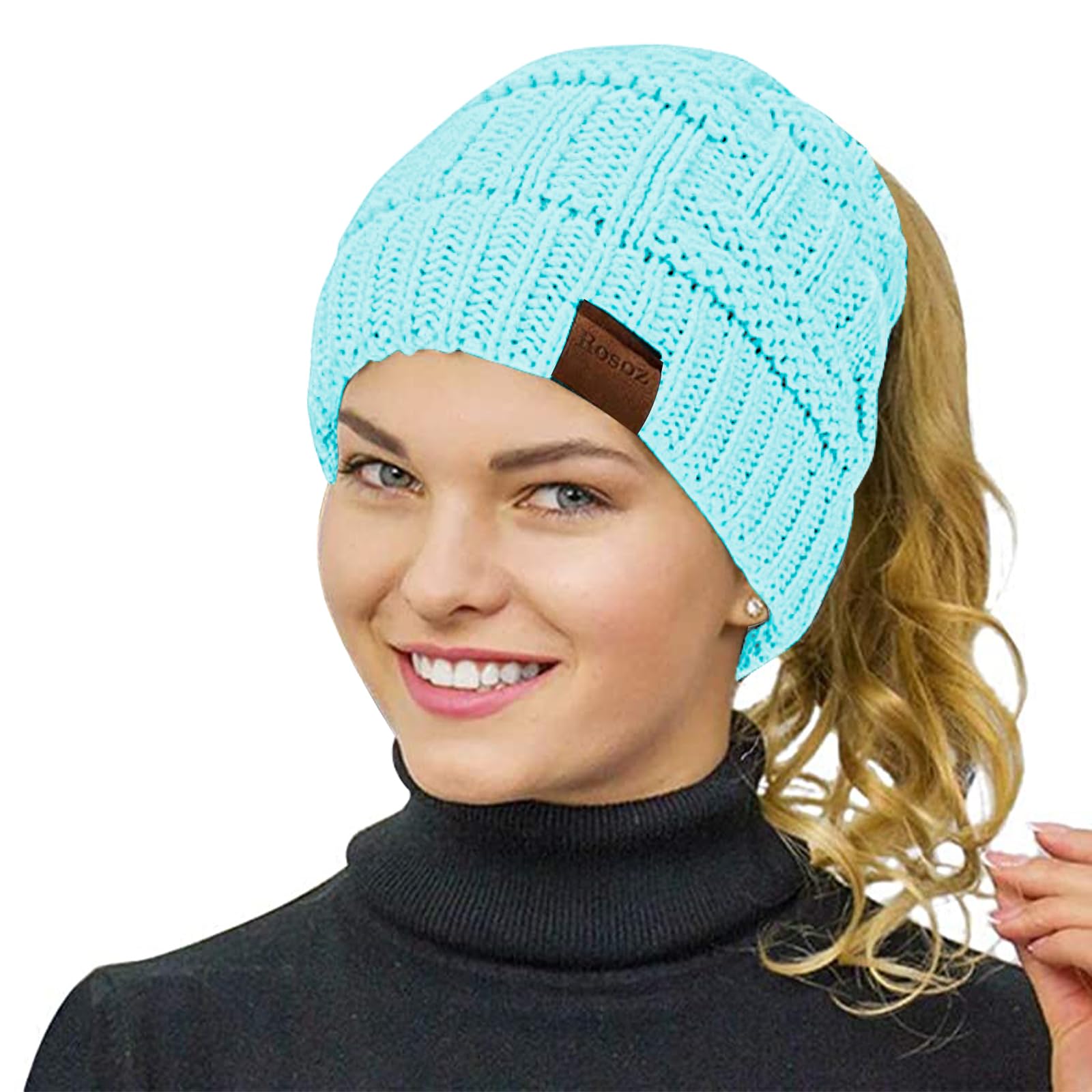 Rosoz Womens Ponytail Beanie Winter Beanie Hat Ponytail Hatfor Women Tail Stretch Cable Knit Cap Messy High Bun Hat