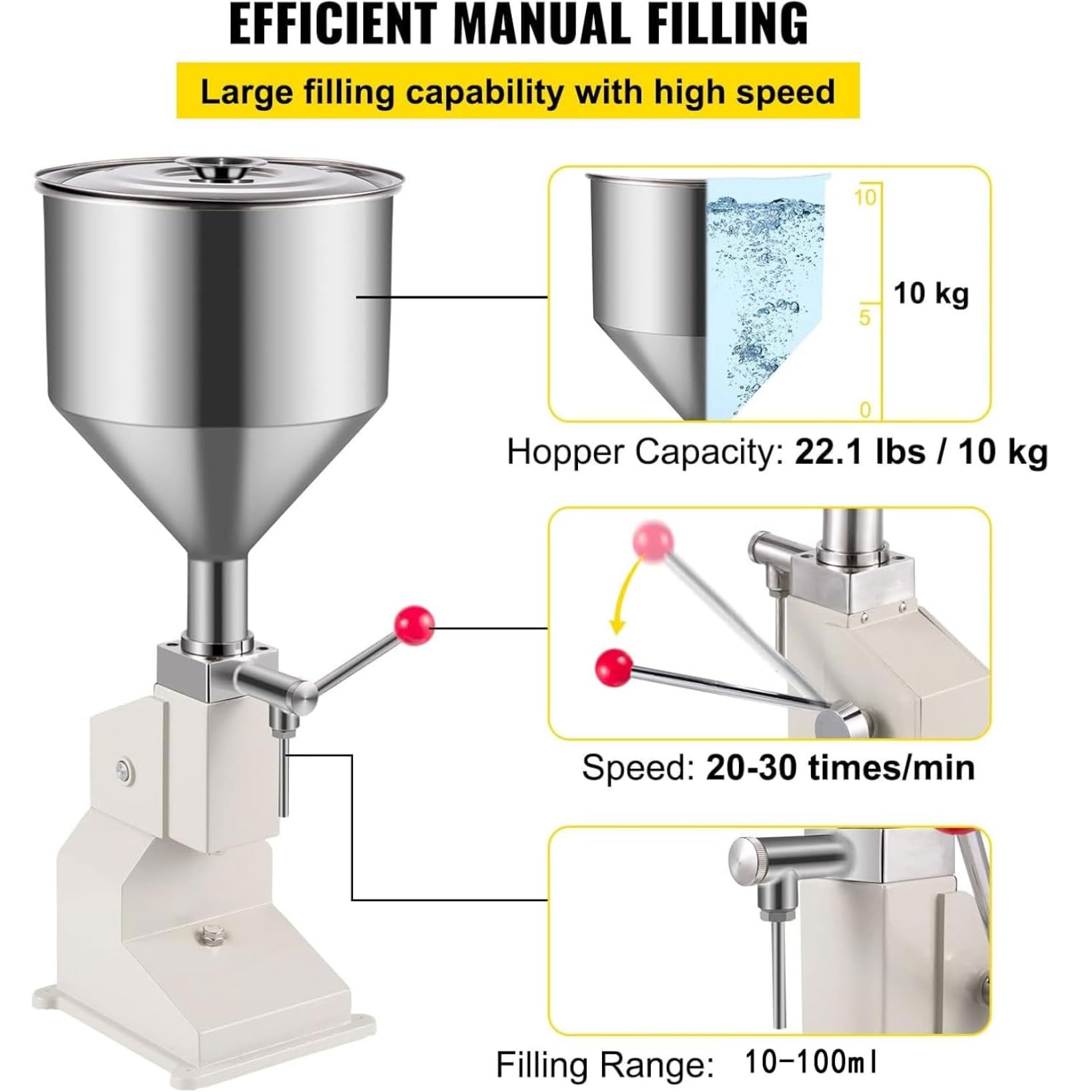 Machine de remplissage manuelle 10-100ml, distributeur de liquide portable en acier inoxydable avec trémie 10L, dosage précis pour les sauces, les huiles, les cosmétiques et l'utilisation de laboratoi
