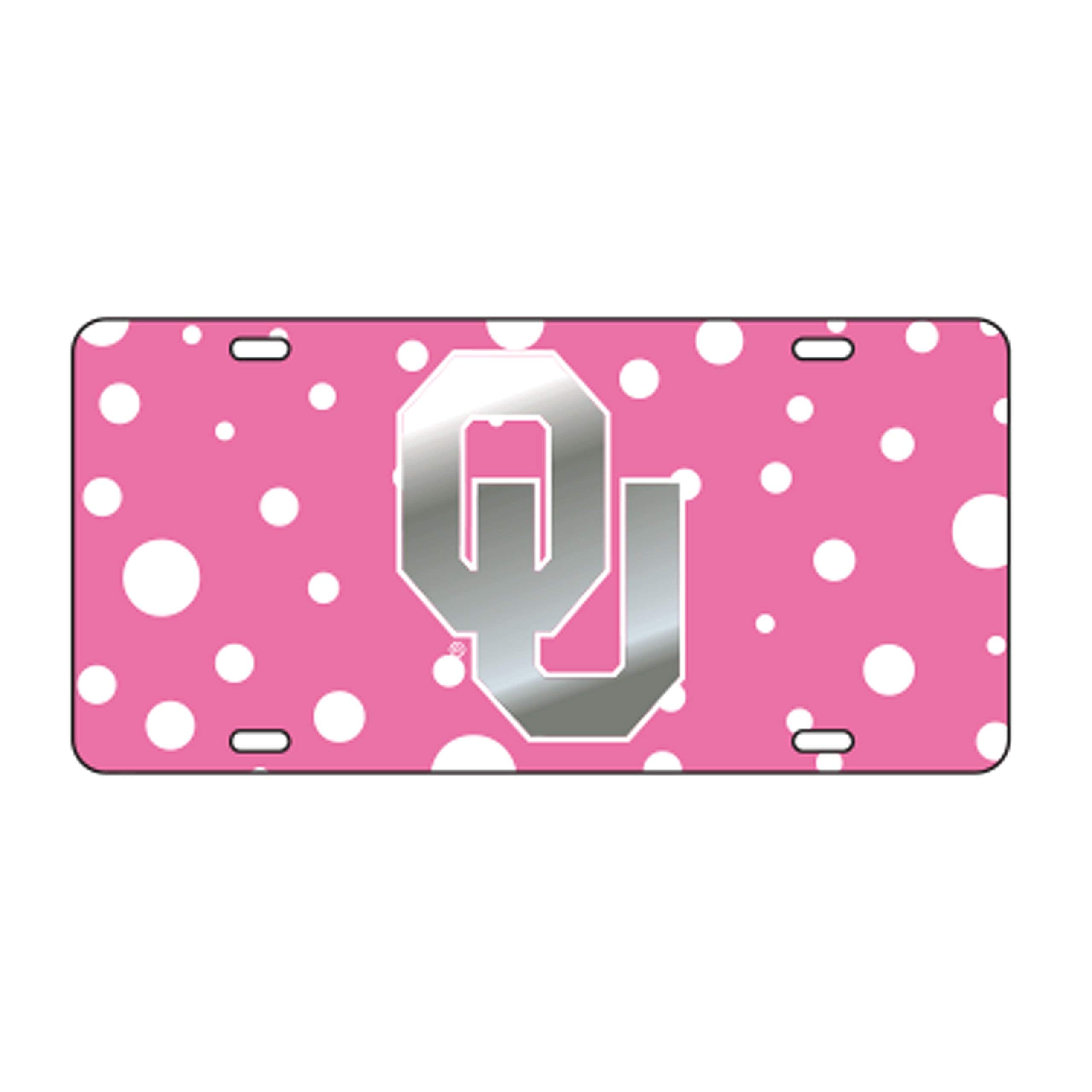 Oklahoma Sooners Laser Cut Inlaid Mirrored Pink Polka Dot OU Plate