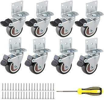 1.25" Side Mount Caster Wheels Set of 8 L Shaped Rubber Small Lock Swivel Caster Heavy Duty Double Plate Casters with Brakes Industrial Metal Wheels for Workbench, Furniture, Cabinet, Wood Box