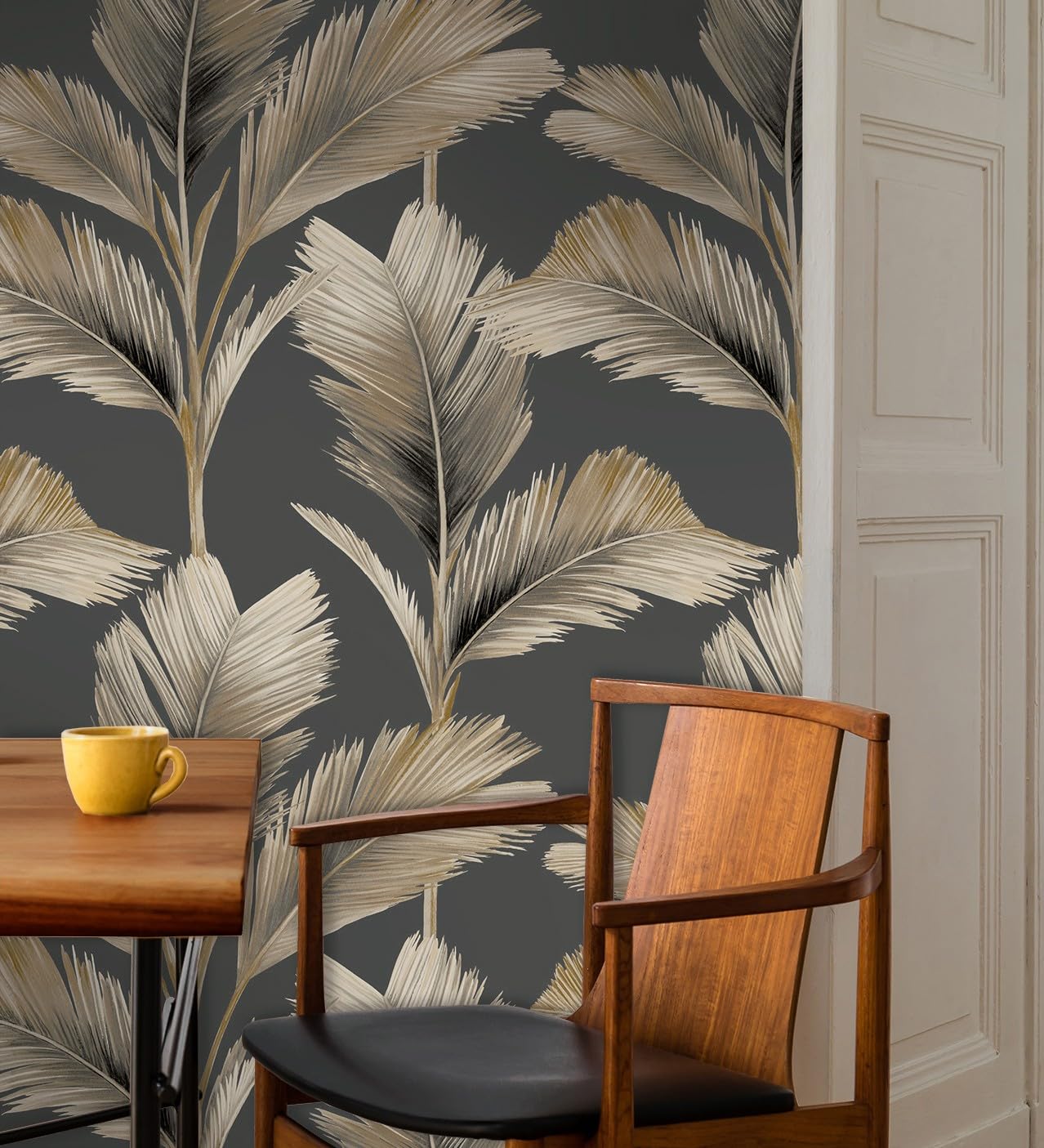 GAULAN 682847 - Papel pintado hojas de palma tropical color beige perlado sobre fondo gris mate para pared salón dormitorio pasillo comedor - Rollo de 10 m x 0,53 m