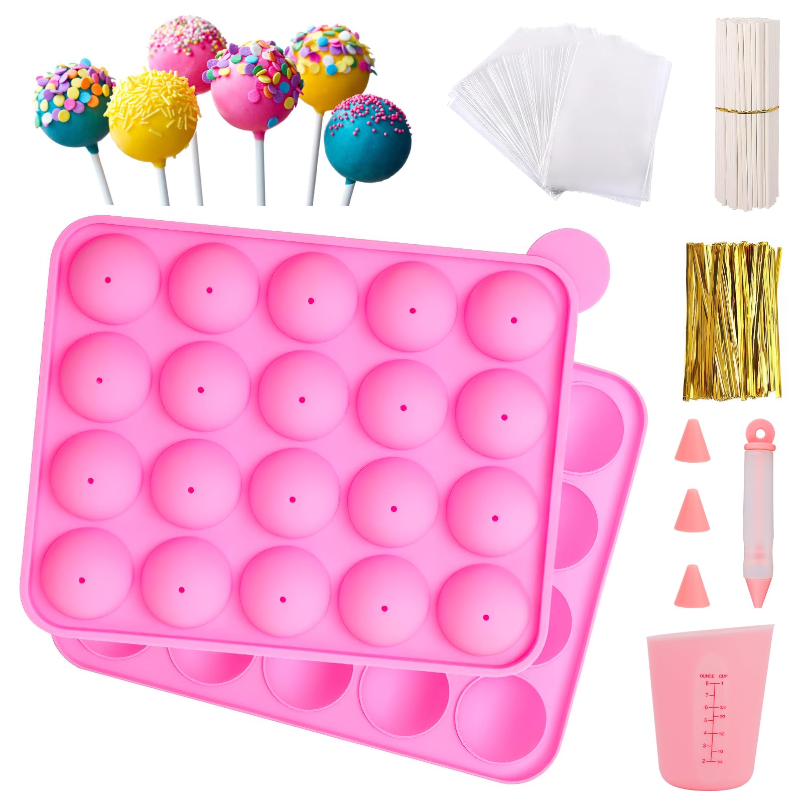 Moule à cake pop, rond, en silicone, à 20 trous, avec 100 batons Pop Cake, 100 paquets de bonbons, présentoir à mesurer, pour cakes, bonbons, gelée et chocolat
