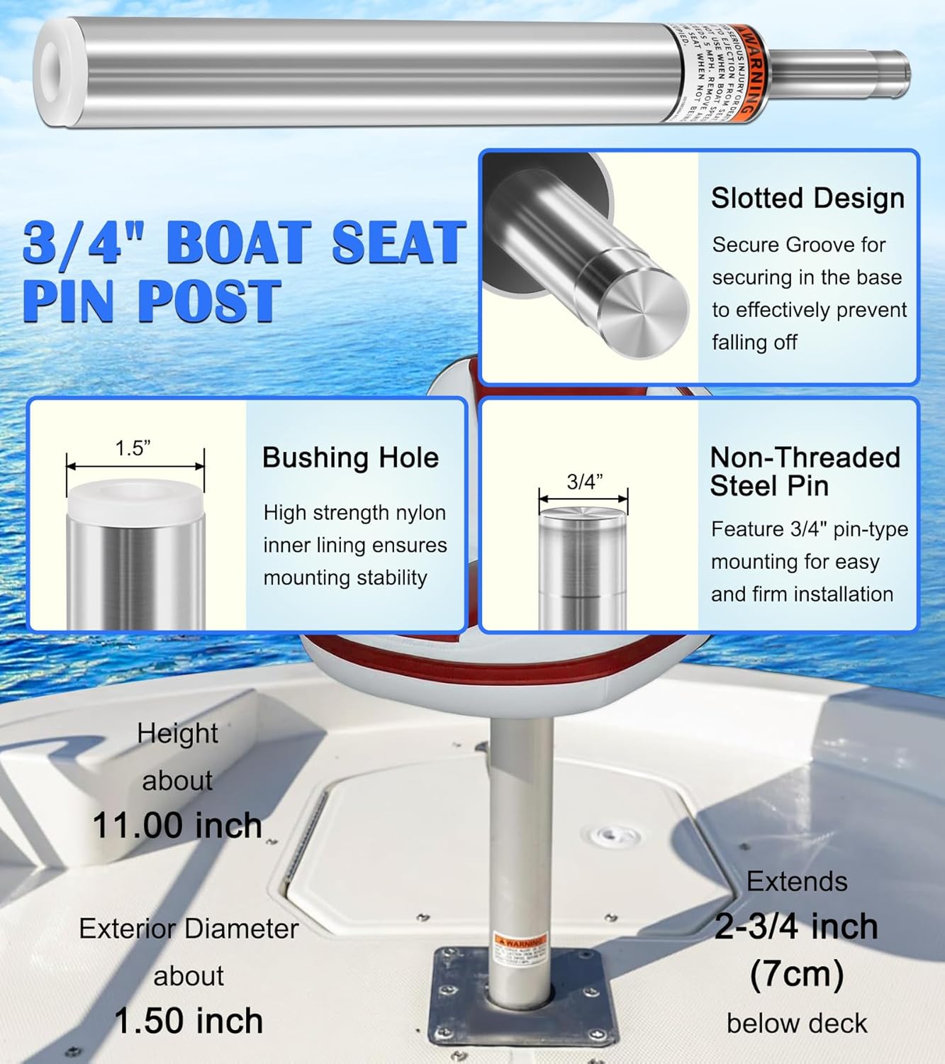 3/4" Boat Seat Pin Post SP-2114 + 7" x 7" Marine Seat Pedestal Base Plate + 1002 Lock'N-Pin 3/4" Seat Mount with Spring, Boat Seat Pedestal and Base Mount Kit for Pontoon/Fishing/Bass Boats, 11” Tall