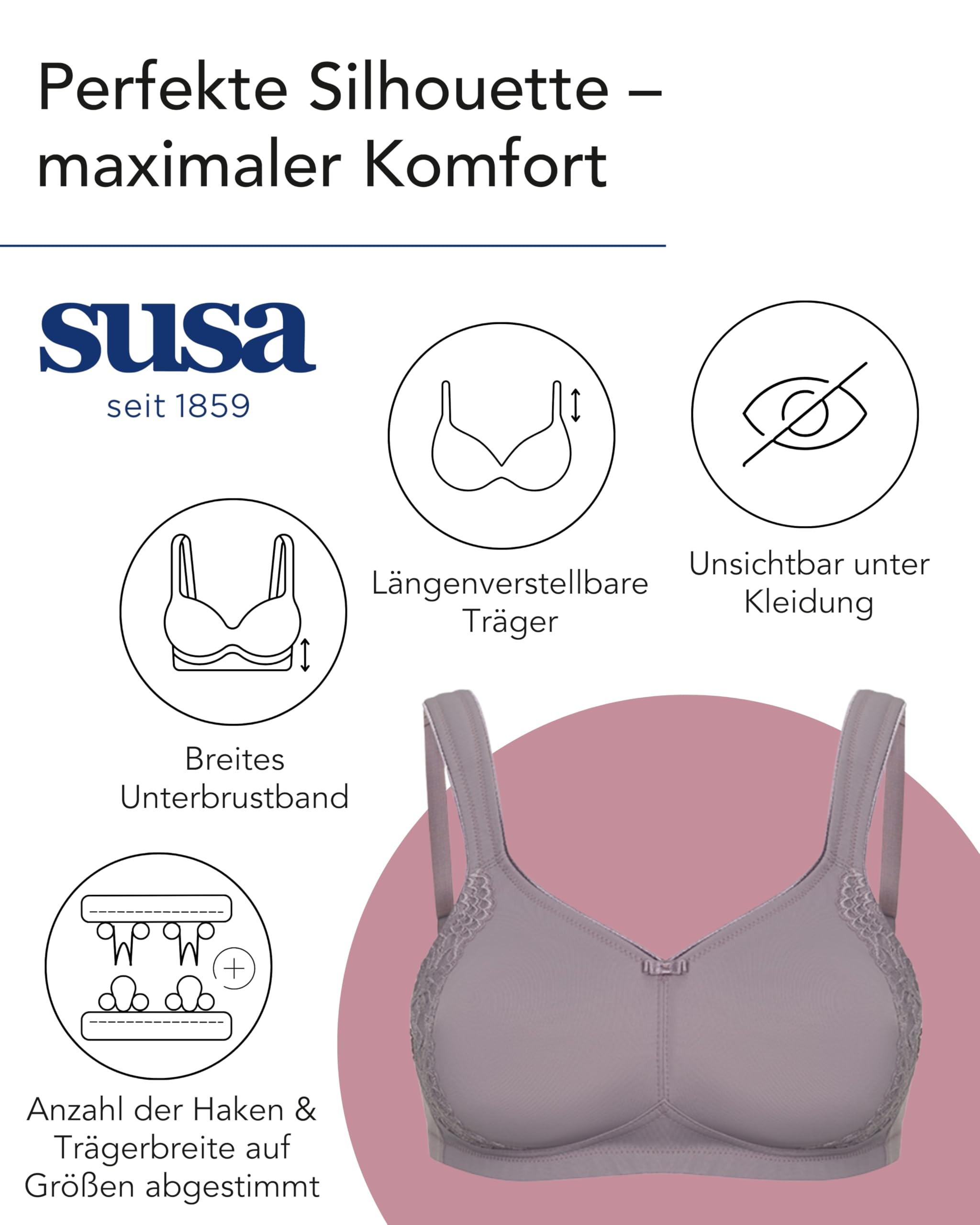 Susa Minimizer BH Damen ohne Bügel I London I Damen-BHS mit Minimizer Schnittform, verkleinert die Brüste optisch I Gemoldete Cups, breite Träger I Frosty Lavender I 75F