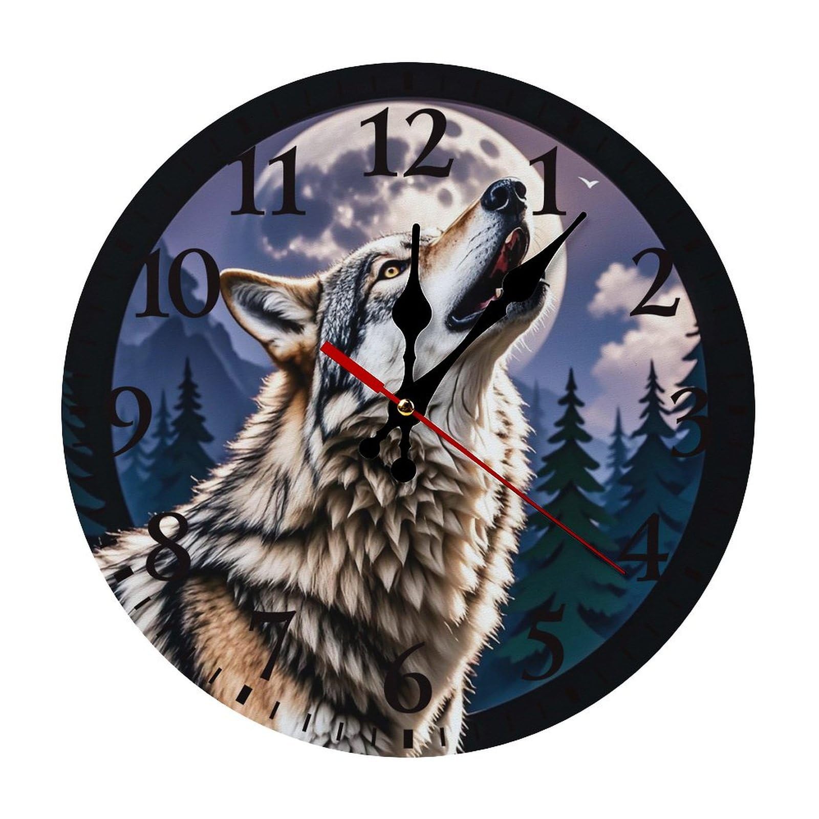 QMNLKH Wolves Wall Clock for Home, Battery Operated Clock for Hotel, Round Wall Clock with Arabic Numerals Black, Easy to Read, Non-Ticking Clocks for Living Room 25 * 25cm