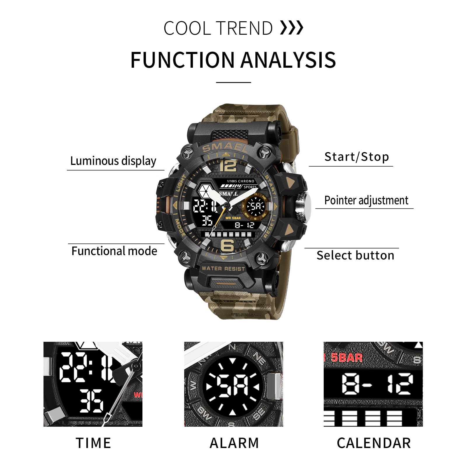 SMAEL Reloj de camuflaje militar para exteriores, LED, digital, impermeable, táctico, militar, deportivo, para hombre (camuflaje caqui 8072G), Camo Khaki-8072, Moderno, casual y deportivo