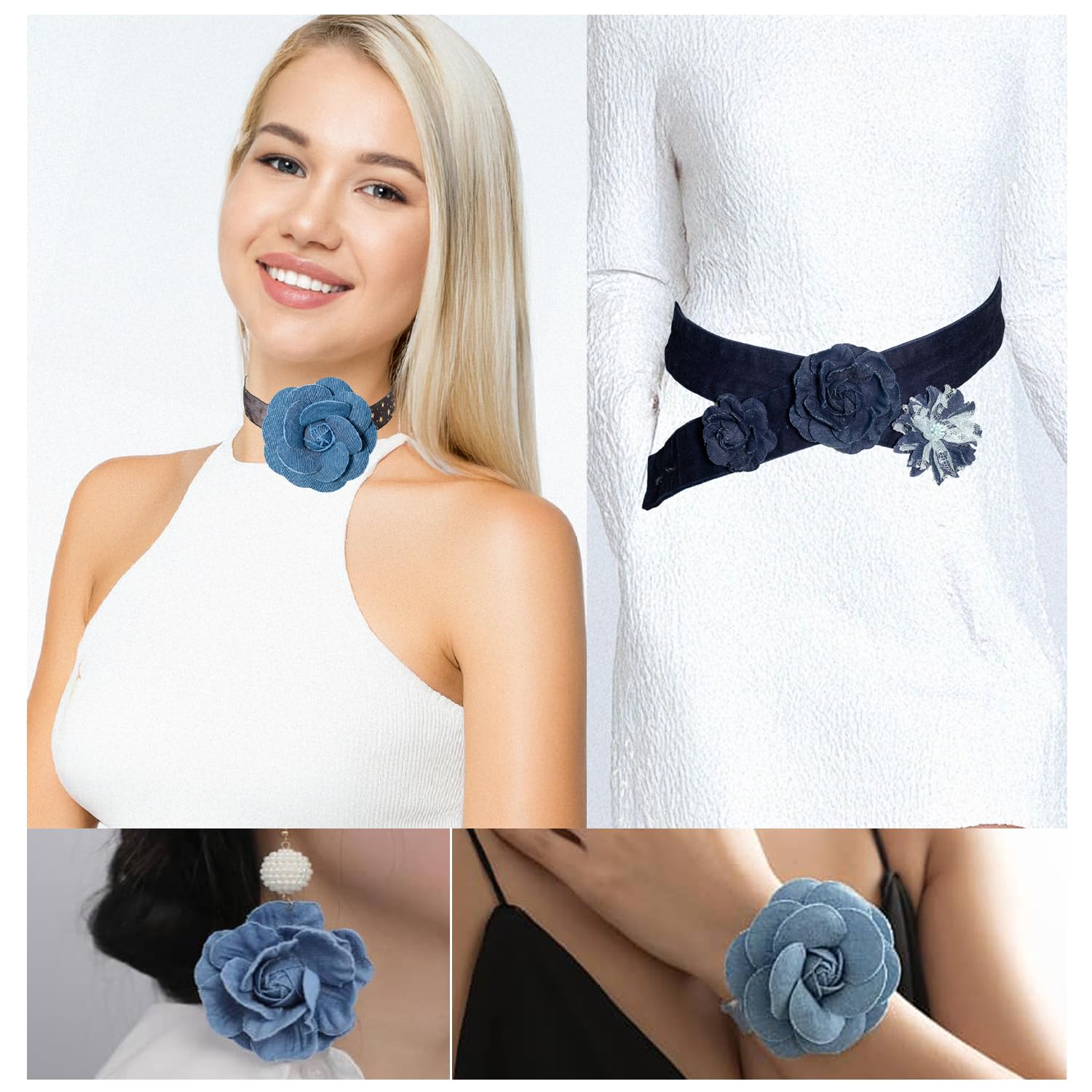 Juego de 9 parches de tela vaquera con forma de flor, cinta de mezclilla para vestidos, decoración de flores y manualidades para fiestas (azul oscuro)
