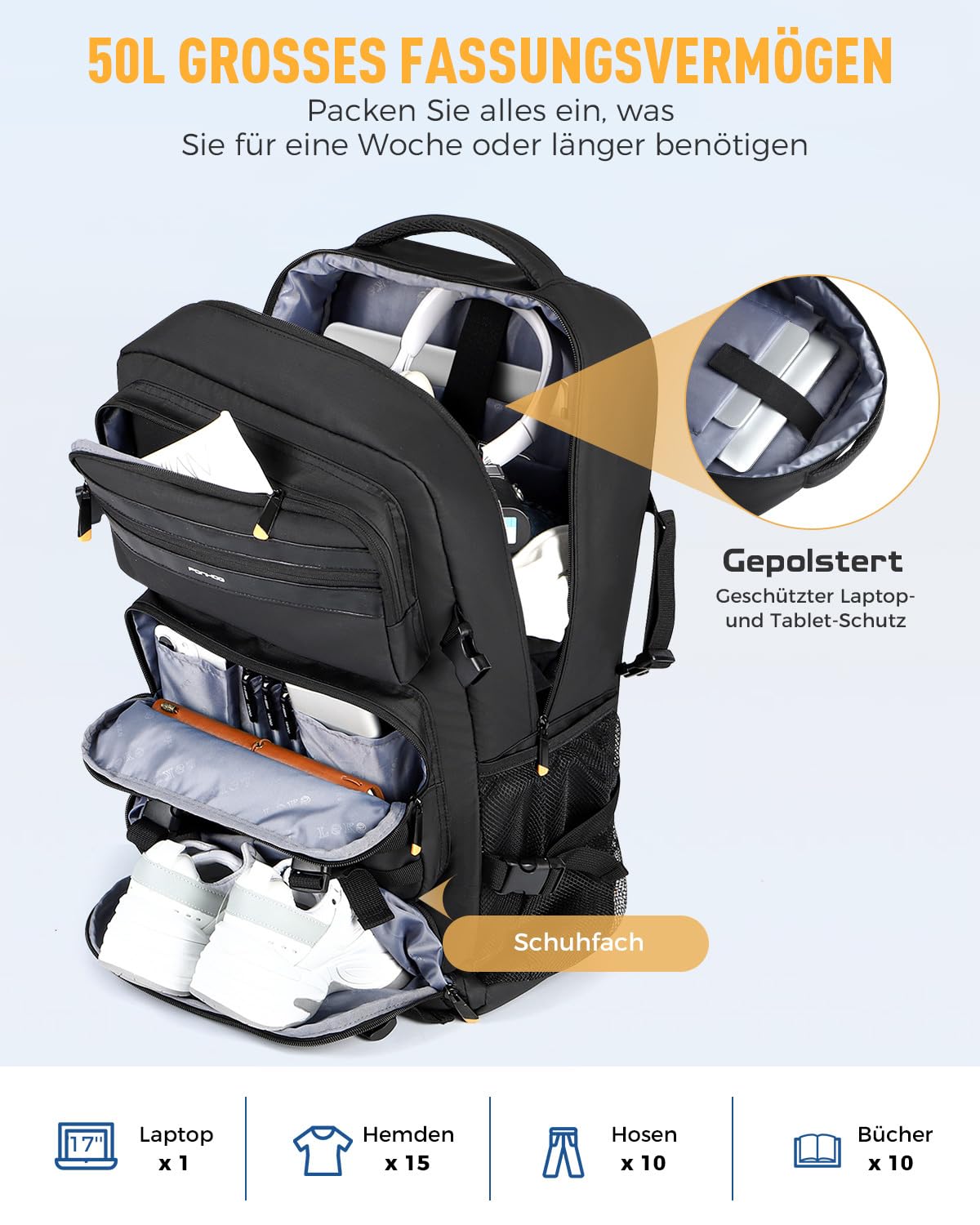 Ponhog Travel Backpack for Men - 50L Convertible Duffle Bag with Shoe Compartment, Carry On Laptop Backpack with USB Charging Port, Hiking Backpack Gym Daypack Water Resistant Rucksack,Black