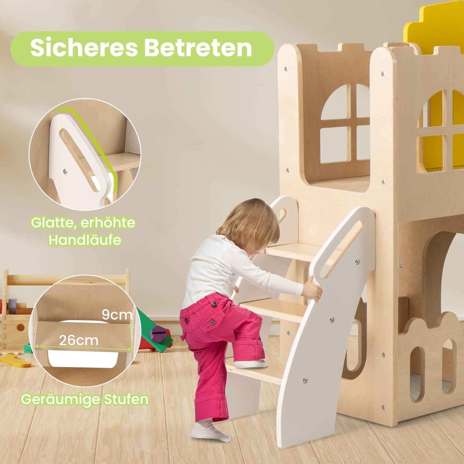 COSTWAY 7-in-1 Kinder Rutsche, Kinderrutsche mit Kletterleiter & Basketballkorb & Tunnel & Stauraum, Klettergerüst Indoor, Holz Spielplatz für Kinder ab 3 Jahren