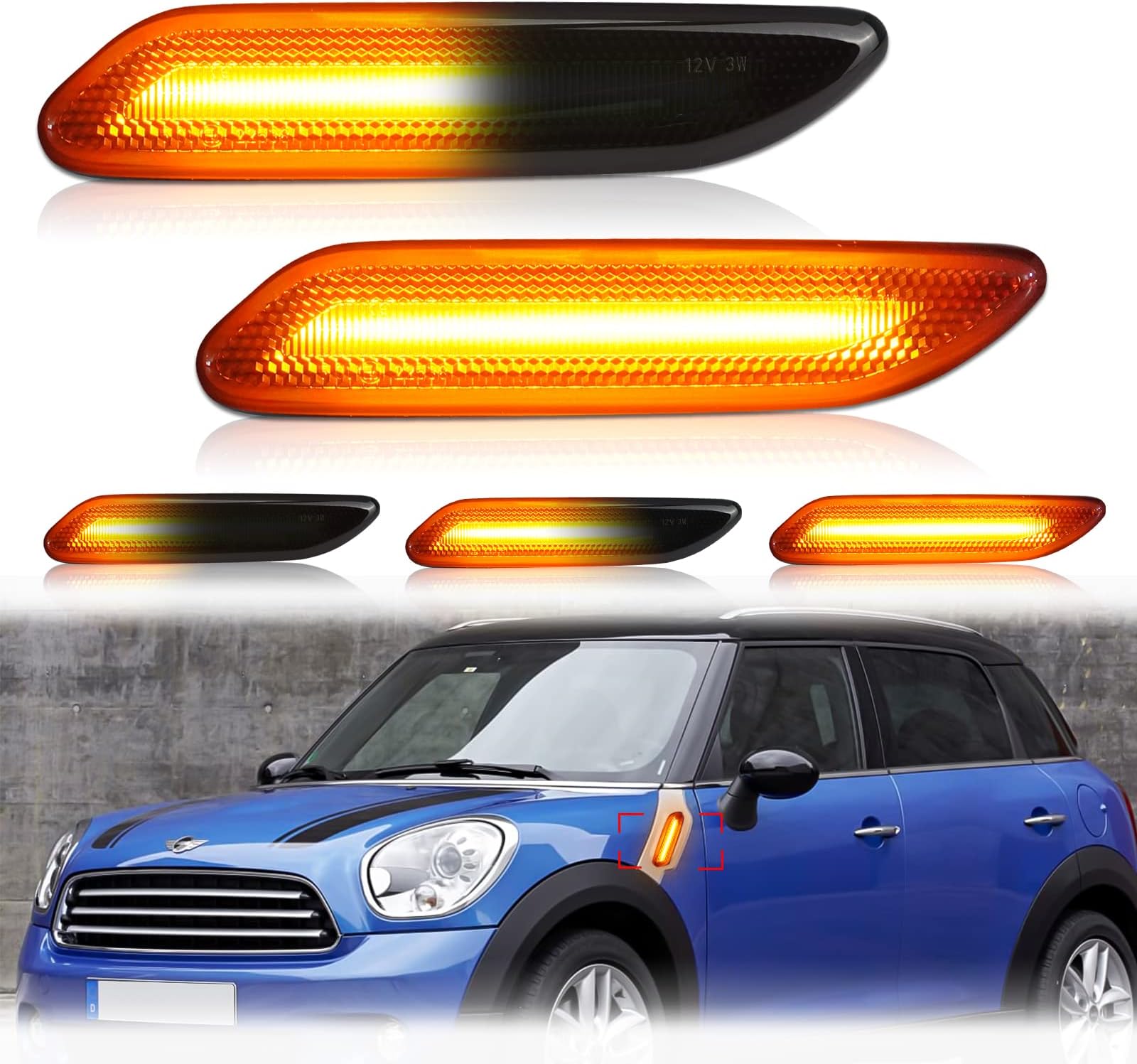 Bestview LED Side Marker Lights Assembly Compatible with Mini Cooper R60 R61 Countryman Paceman 2011-2016, Sequential Blink Amber Light Smoked Lens 2PCS