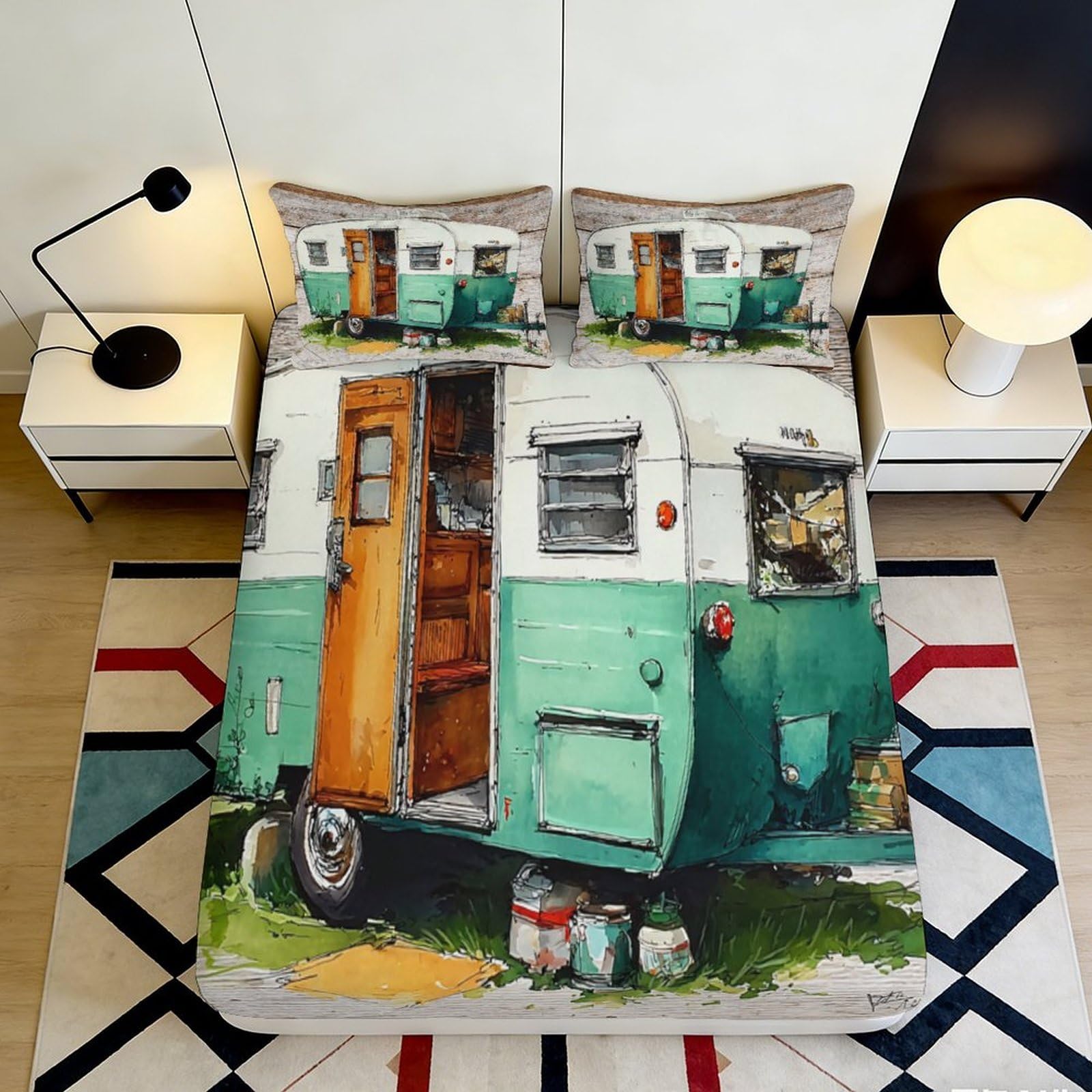 3D Printed Vintage Camper Fitted Sheet Microfiber Soft Breathable Retro Caravan Bed Cover for Bedroom Dormitory Guest Room Mattress Protection 120x200x25cm