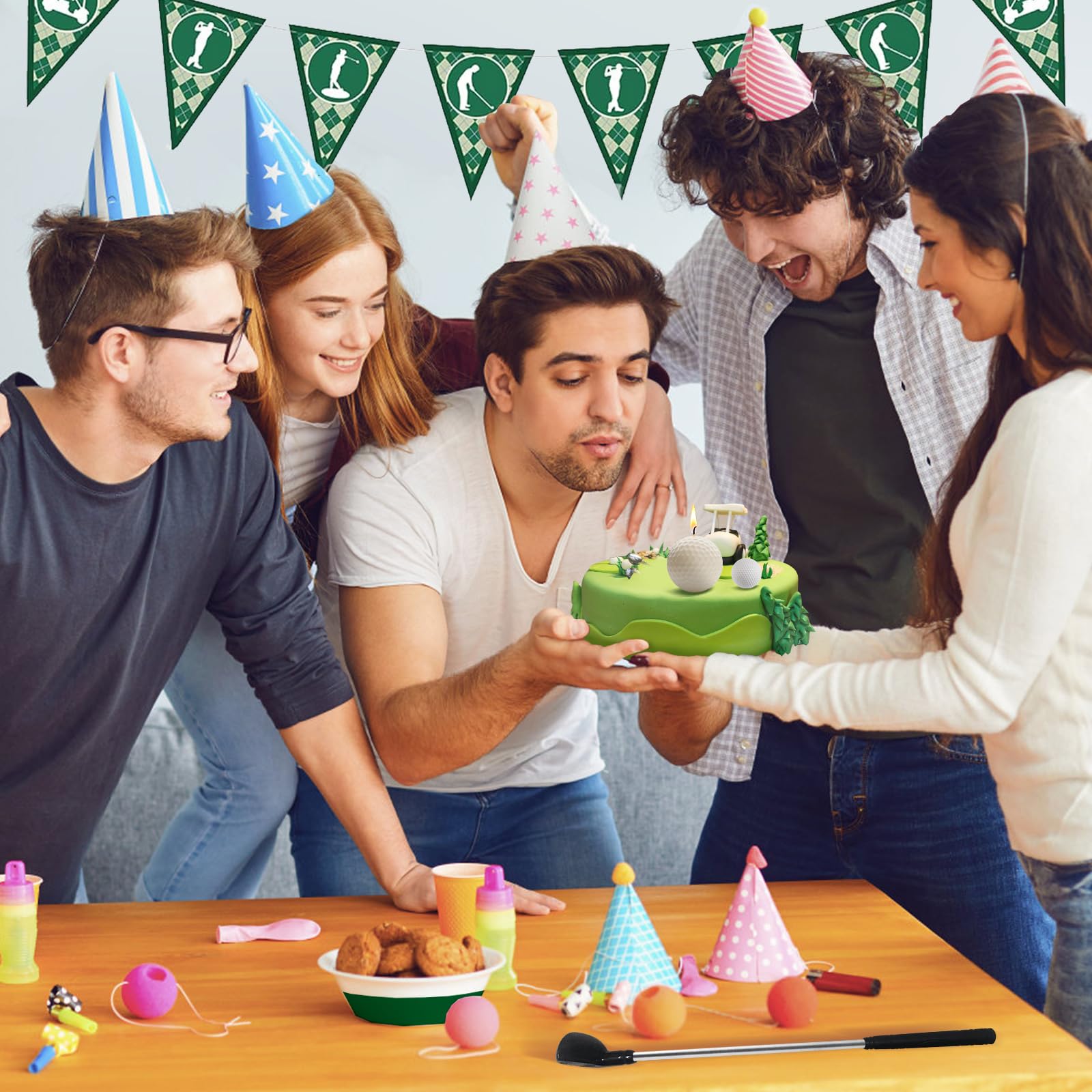Velas de cumpleaños de pelota de golf, decoraciones de fiesta de cumpleaños de golf, decoración de pastel de golf, mini club de golf para decoraciones de cumpleaños temáticas de deportes de golf
