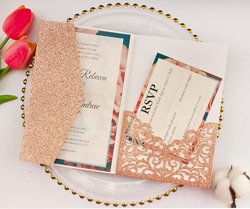 Miniatura 6 de 25 juegos de tarjetas de invitaciones de boda de 8.82 oz de color burdeos con sobres insertos de felicitación, corte láser, invitaciones de bolsillo