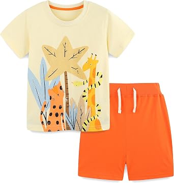 Toddler Boys Summer Short Outfits Clothes Set Kids Cool Dinosaur Digger Animal Print Short Sleeve Cotton T-Shirt Tops and Shorts 2 Piece Crewneck Clothing Set Age 1-7 Years Old